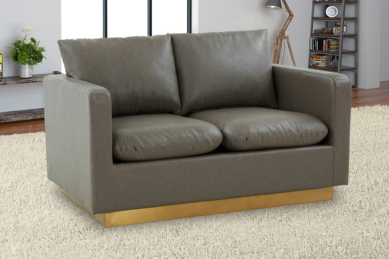 LeisureMod Nervo Modern Mid-Century Upholstered Leather Loveseat with Gold Base - Gray