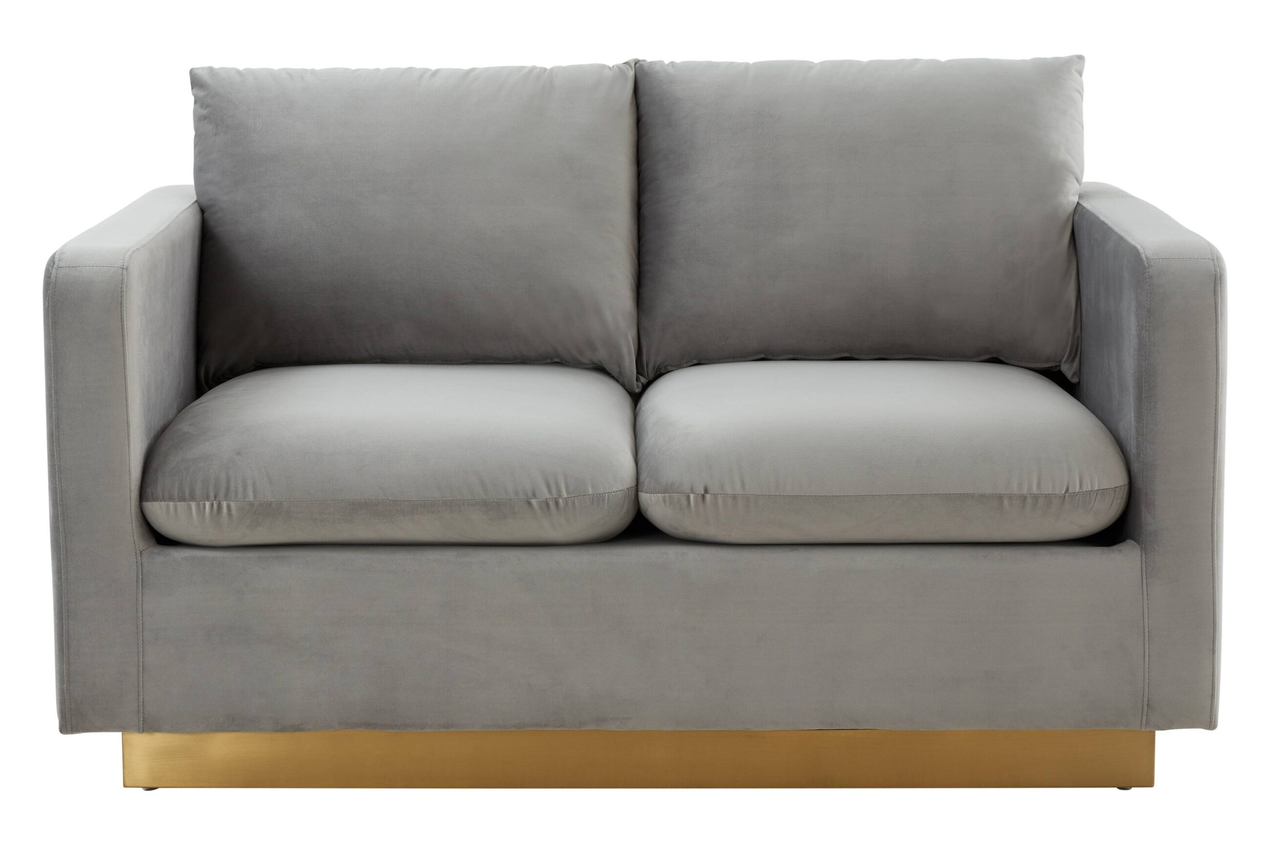 LeisureMod Nervo Modern Mid-Century Upholstered Velvet Loveseat with Gold Base - Light Gray