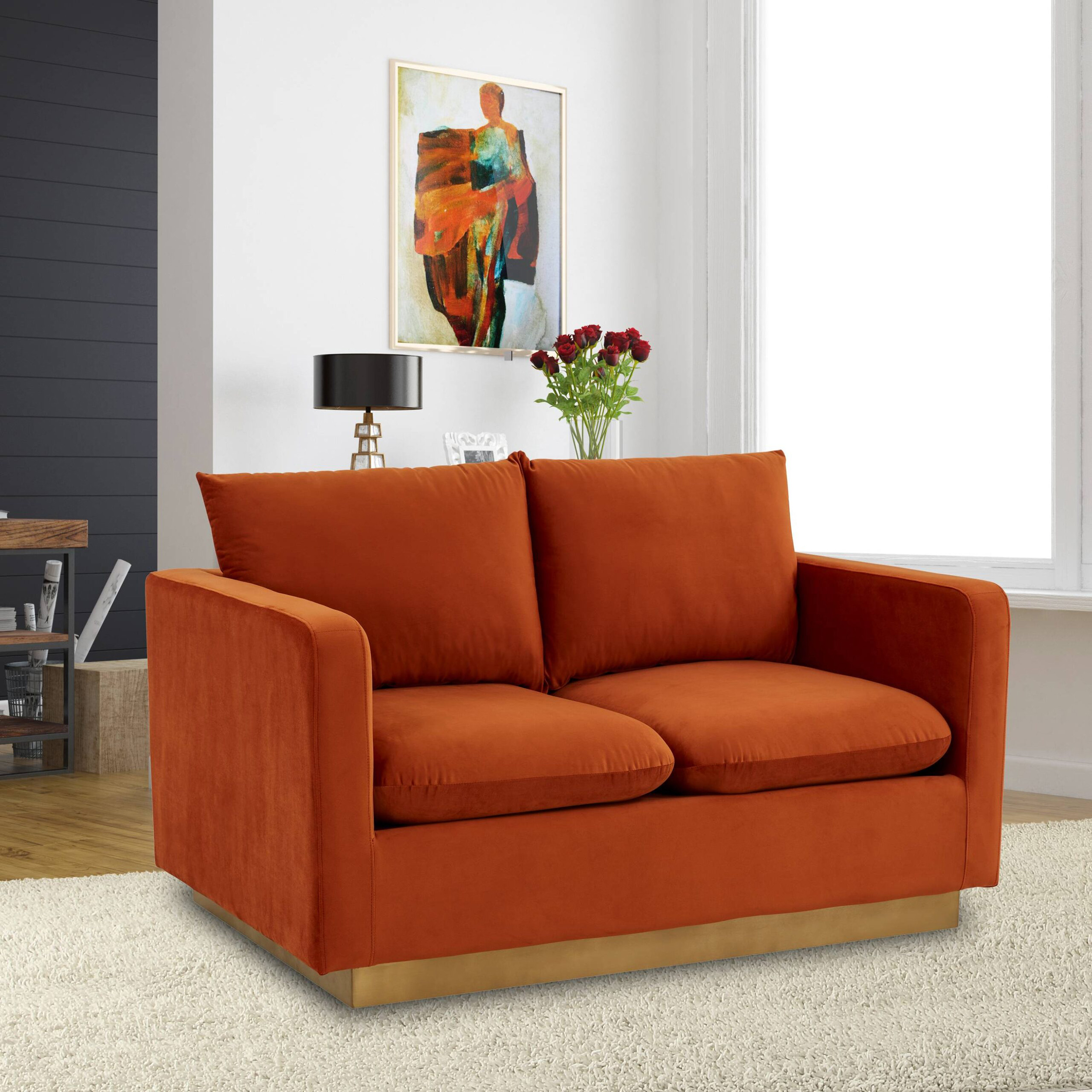 LeisureMod Nervo Modern Mid-Century Upholstered Velvet Loveseat with Gold Base - Orange Marmalade