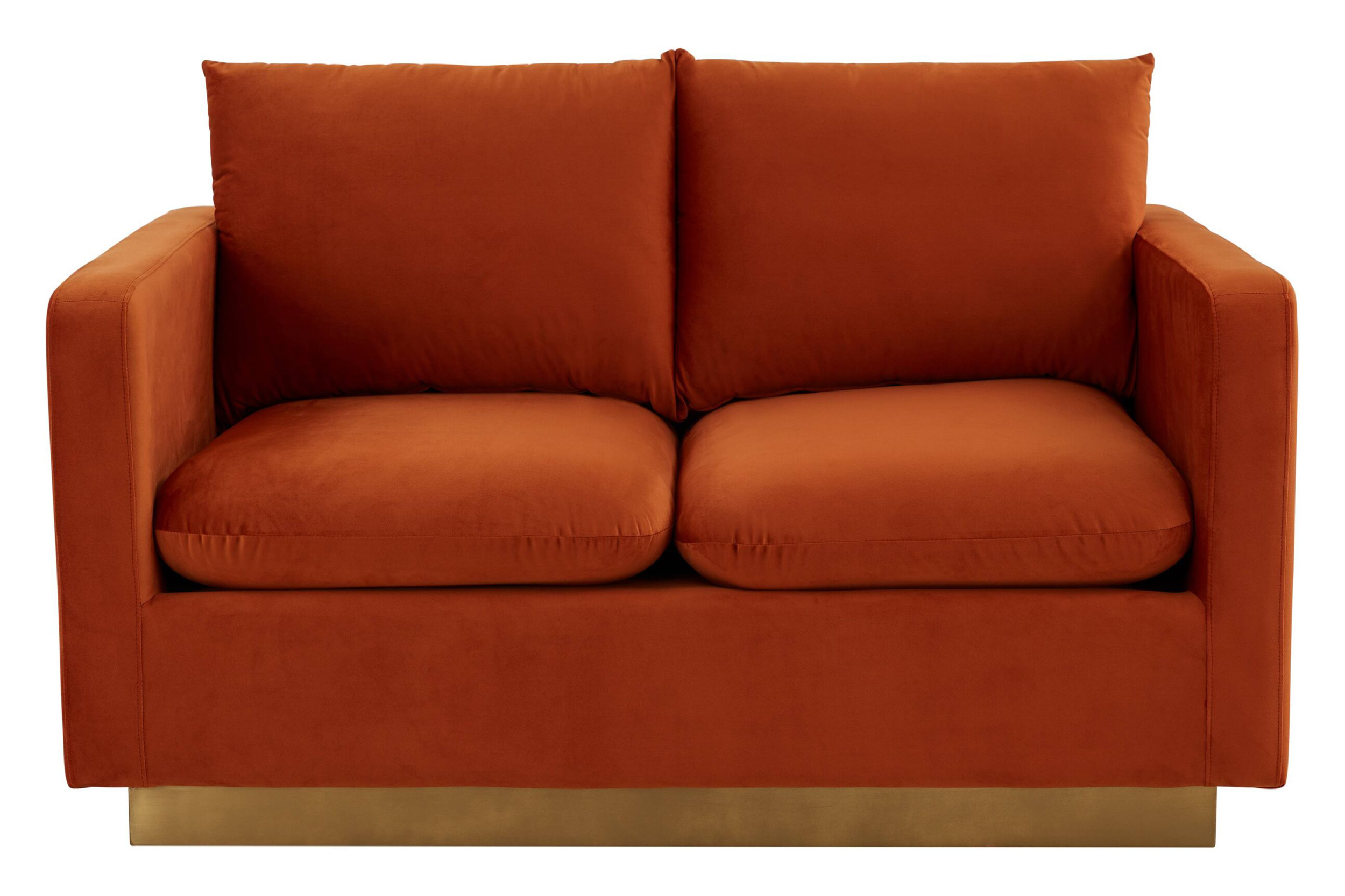 LeisureMod Nervo Modern Mid-Century Upholstered Velvet Loveseat with Gold Base - Orange Marmalade