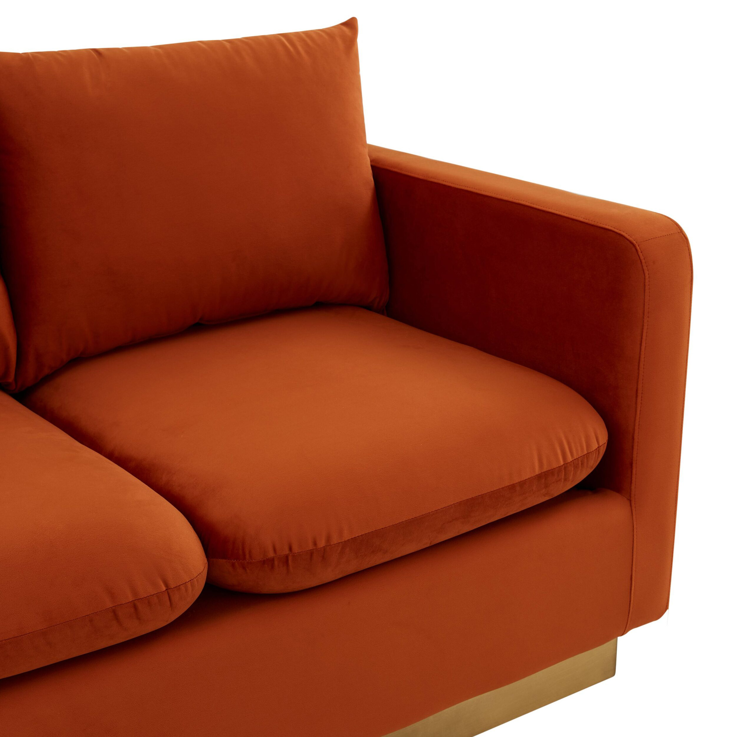 LeisureMod Nervo Modern Mid-Century Upholstered Velvet Loveseat with Gold Base - Orange Marmalade