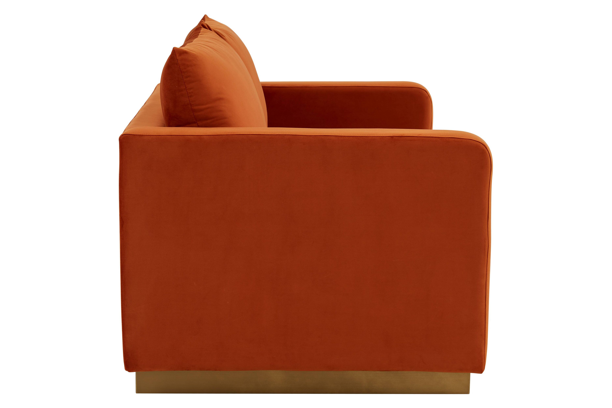 LeisureMod Nervo Modern Mid-Century Upholstered Velvet Loveseat with Gold Base - Orange Marmalade