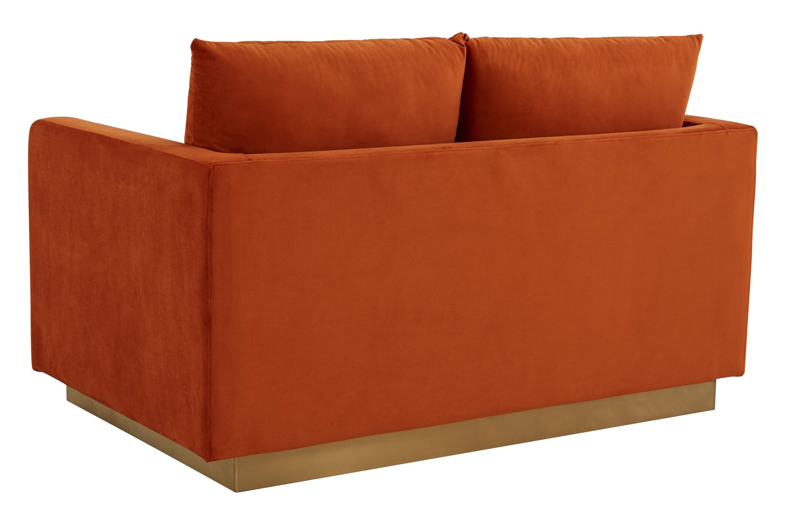 LeisureMod Nervo Modern Mid-Century Upholstered Velvet Loveseat with Gold Base - Orange Marmalade