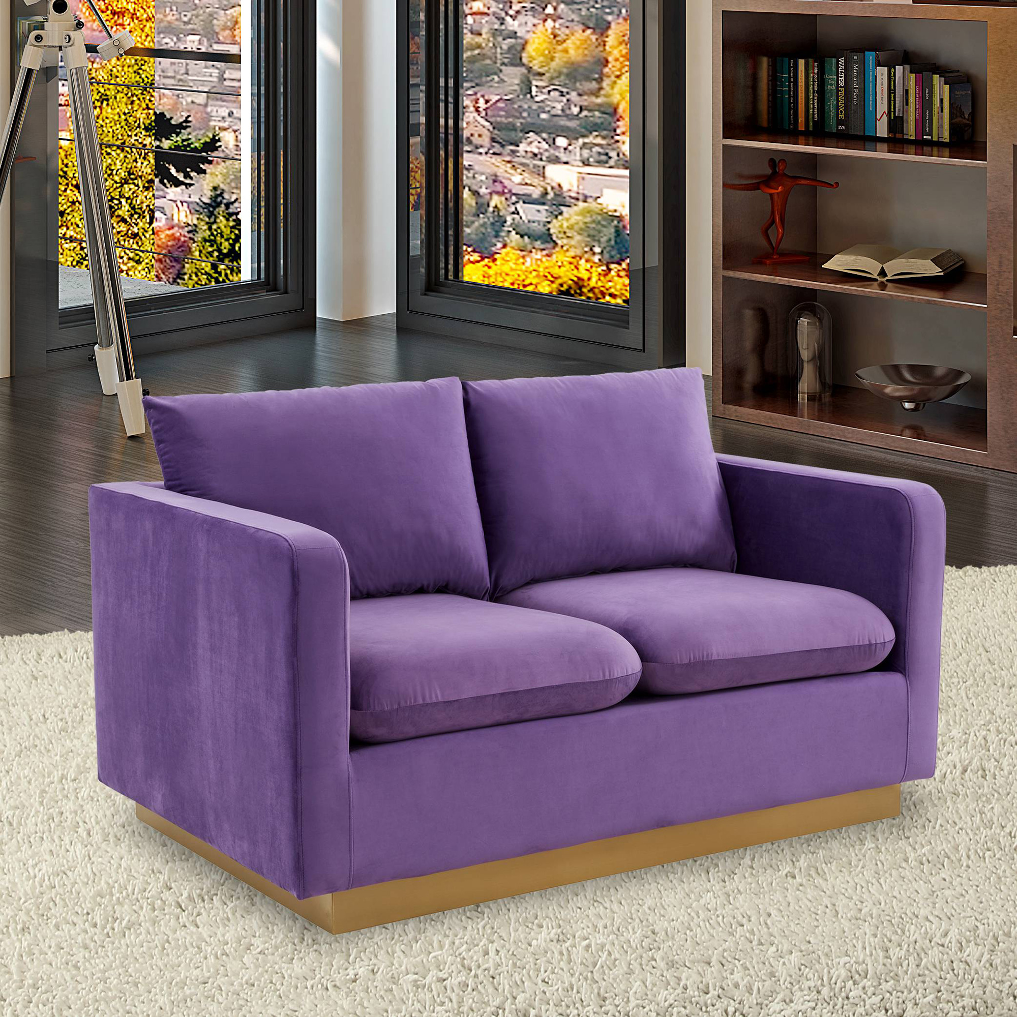 LeisureMod Nervo Modern Mid-Century Upholstered Velvet Loveseat with Gold Base - Purple