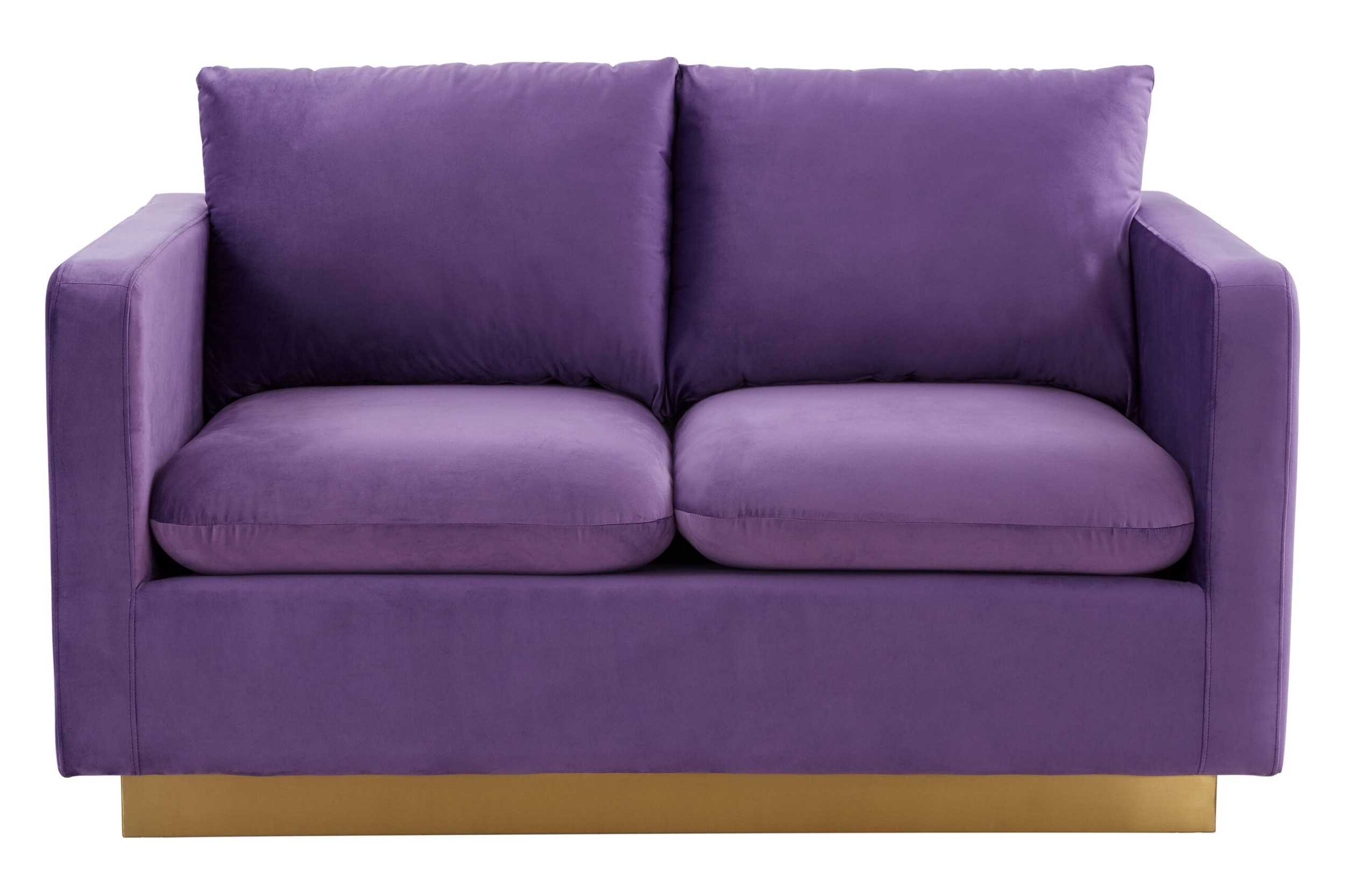 LeisureMod Nervo Modern Mid-Century Upholstered Velvet Loveseat with Gold Base - Purple