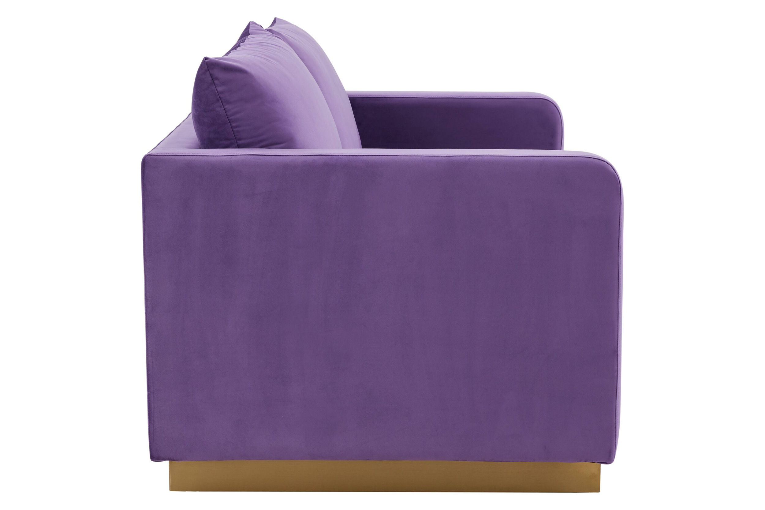 LeisureMod Nervo Modern Mid-Century Upholstered Velvet Loveseat with Gold Base - Purple