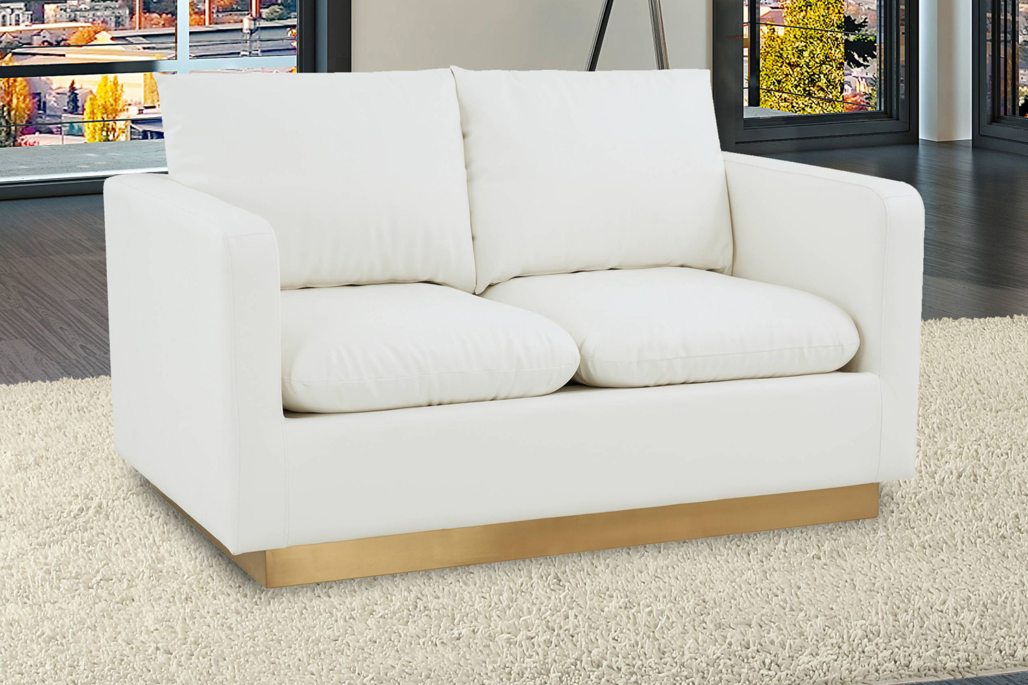 LeisureMod Nervo Modern Mid-Century Upholstered Leather Loveseat with Gold Base - White