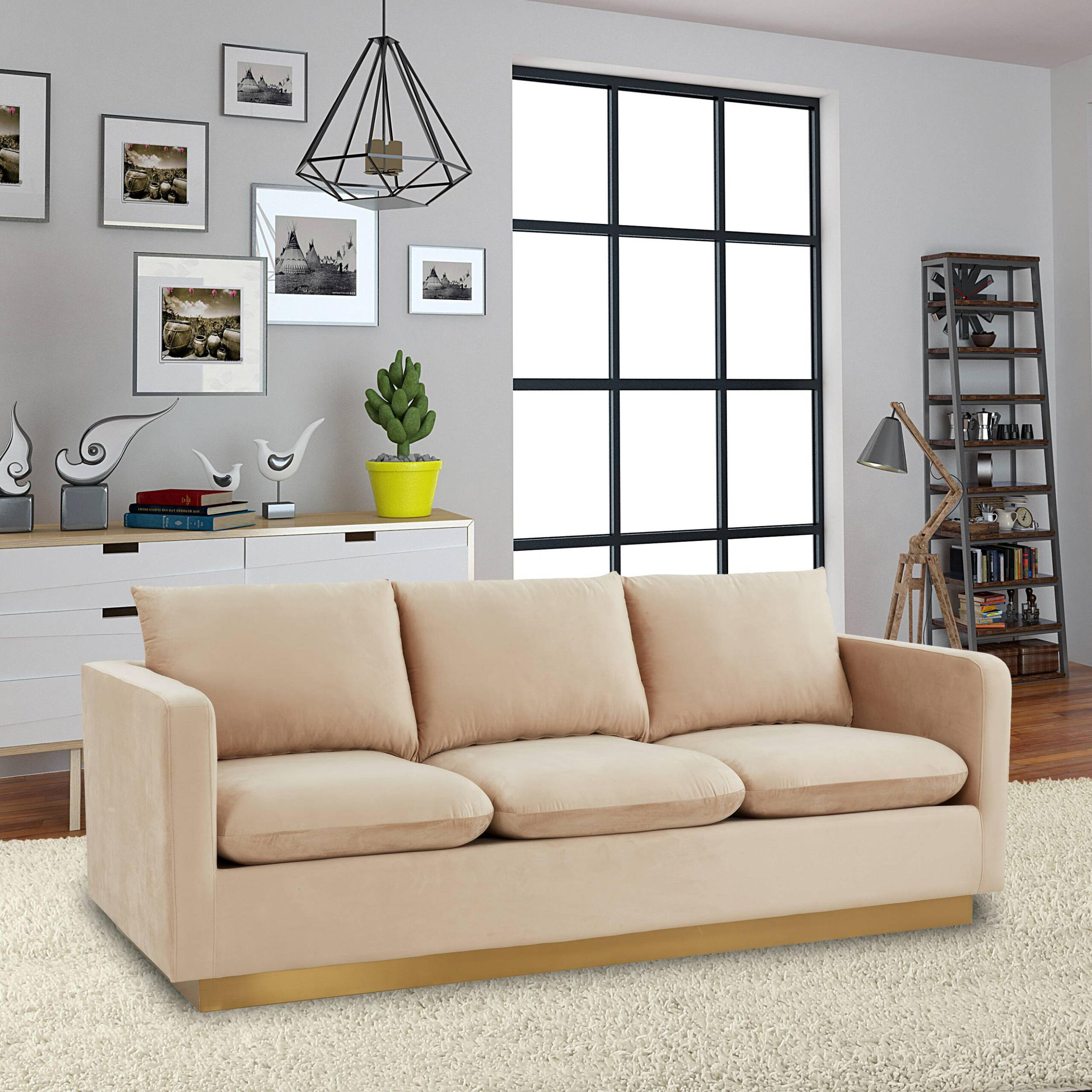 LeisureMod Nervo Modern Mid-Century Upholstered Velvet Sofa with Gold Base - Beige