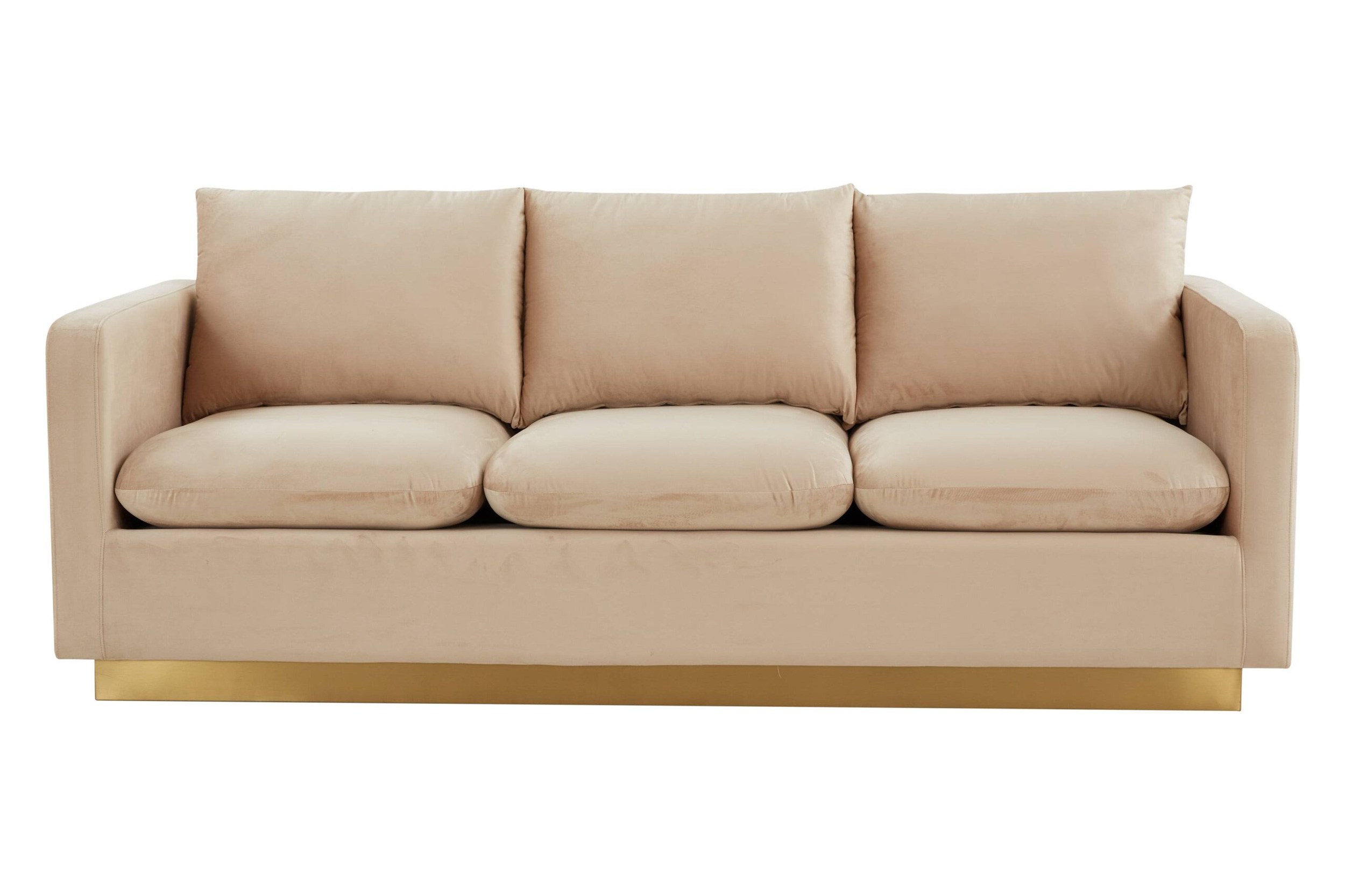 LeisureMod Nervo Modern Mid-Century Upholstered Velvet Sofa with Gold Base - Beige