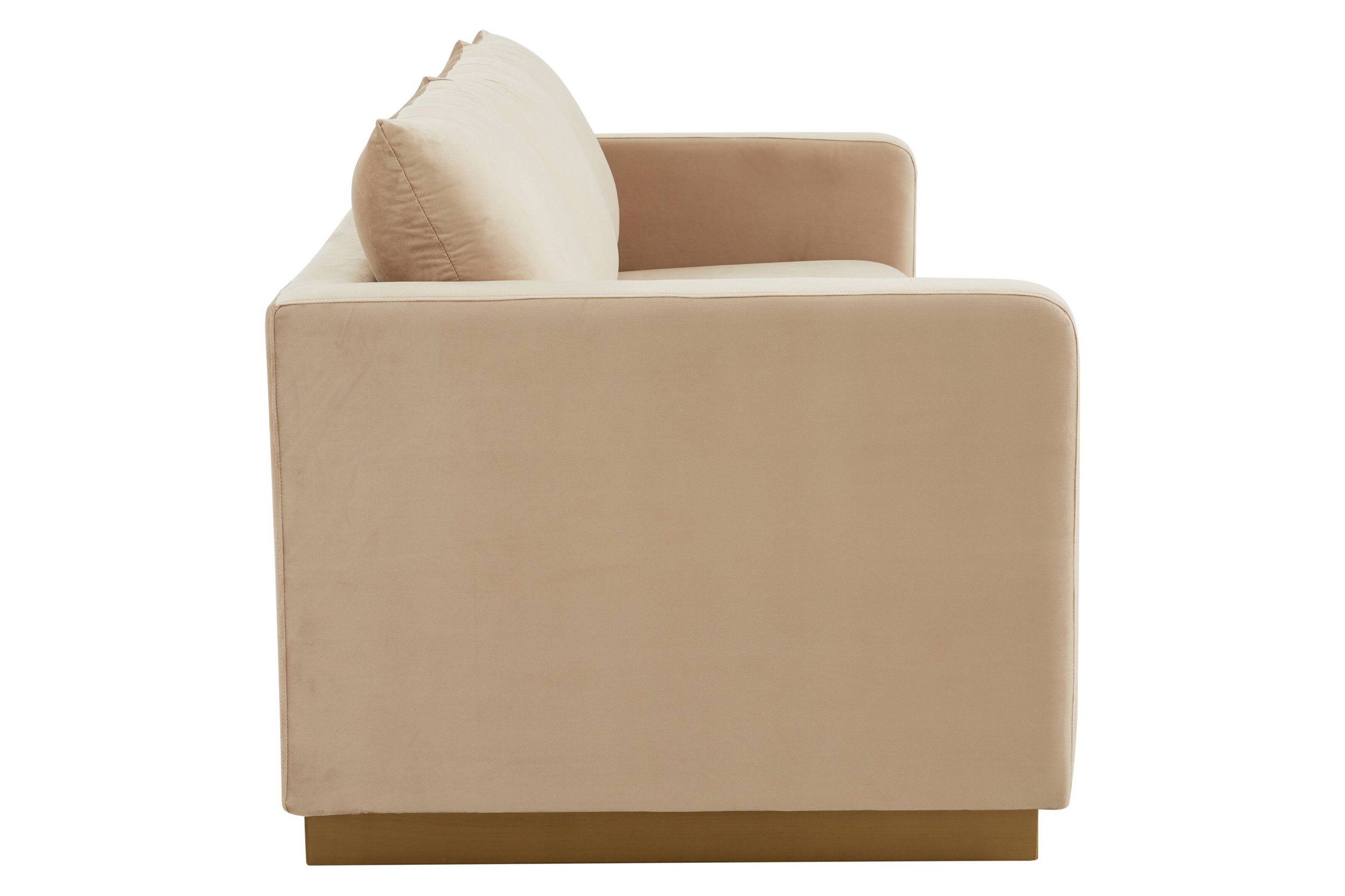 LeisureMod Nervo Modern Mid-Century Upholstered Velvet Sofa with Gold Base - Beige