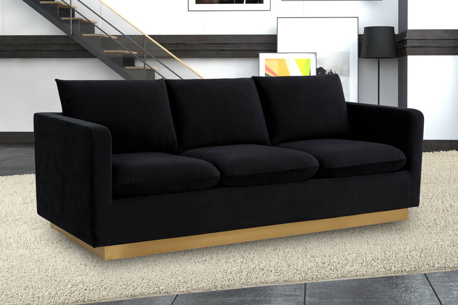 LeisureMod Nervo Modern Mid-Century Upholstered Velvet Sofa with Gold Base