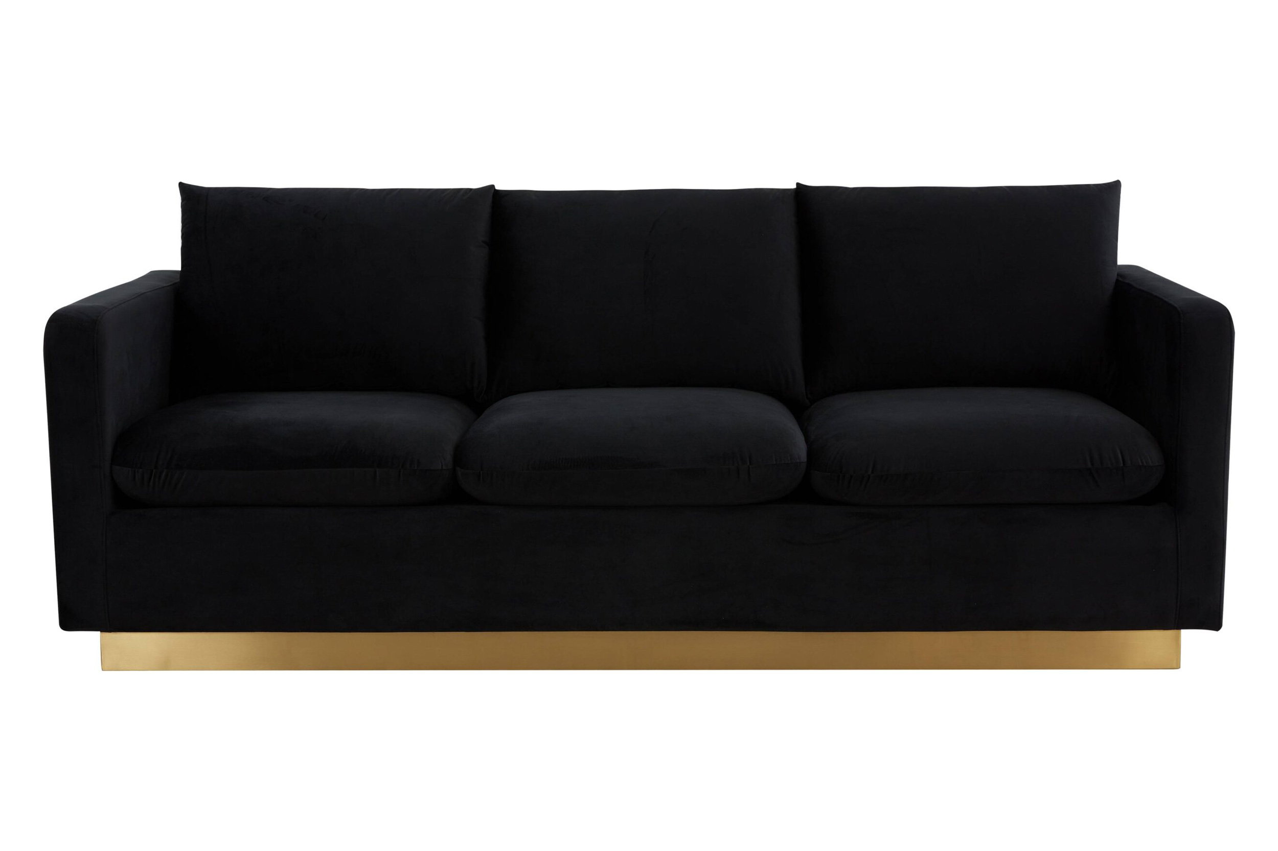 LeisureMod Nervo Modern Mid-Century Upholstered Velvet Sofa with Gold Base - Midnight Black