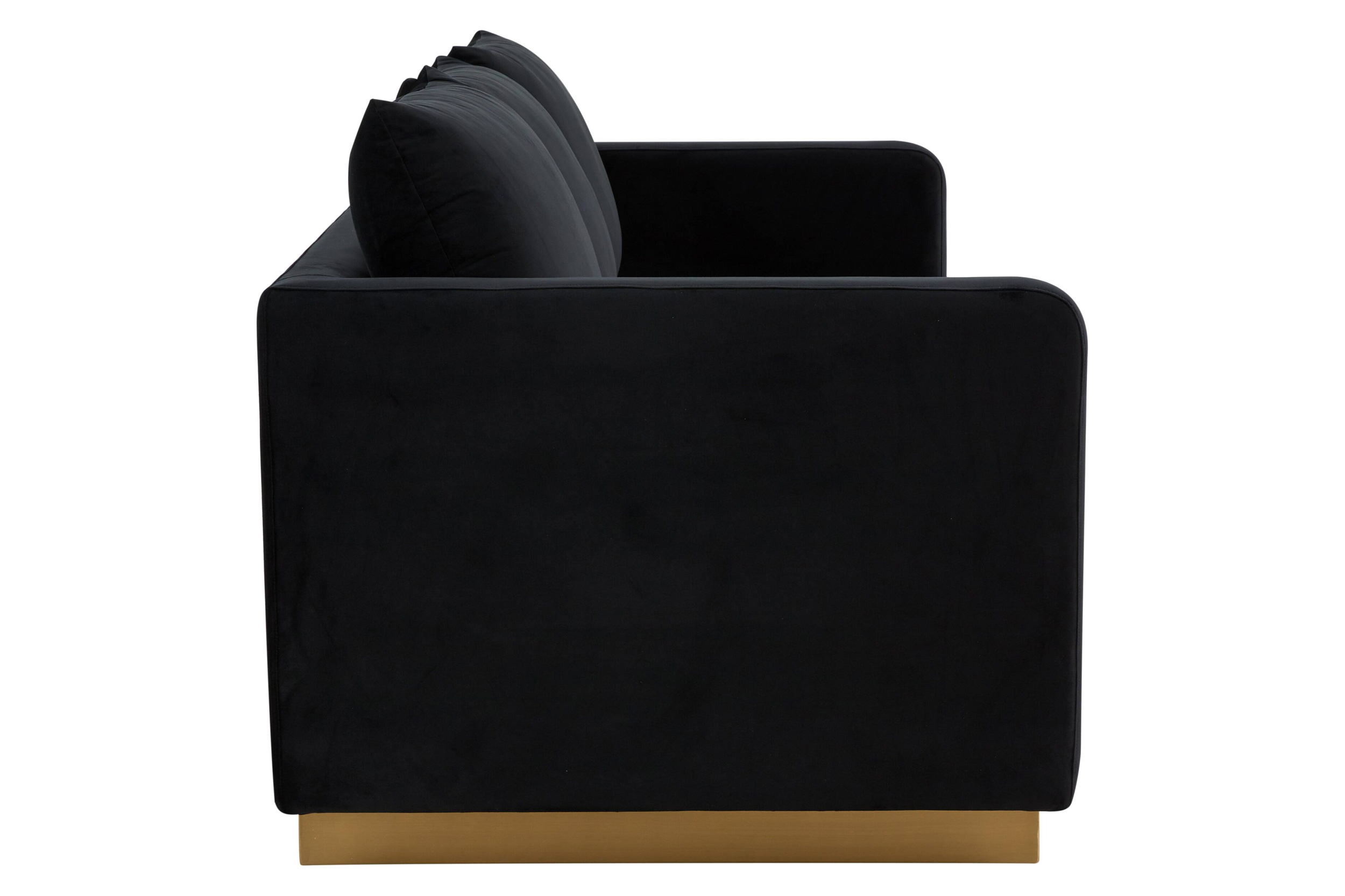 LeisureMod Nervo Modern Mid-Century Upholstered Velvet Sofa with Gold Base - Midnight Black