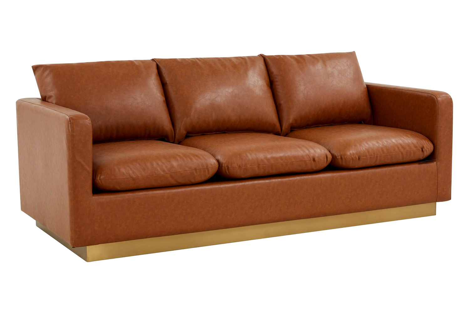 LeisureMod Nervo Modern Mid-Century Upholstered Leather Sofa with Gold Base