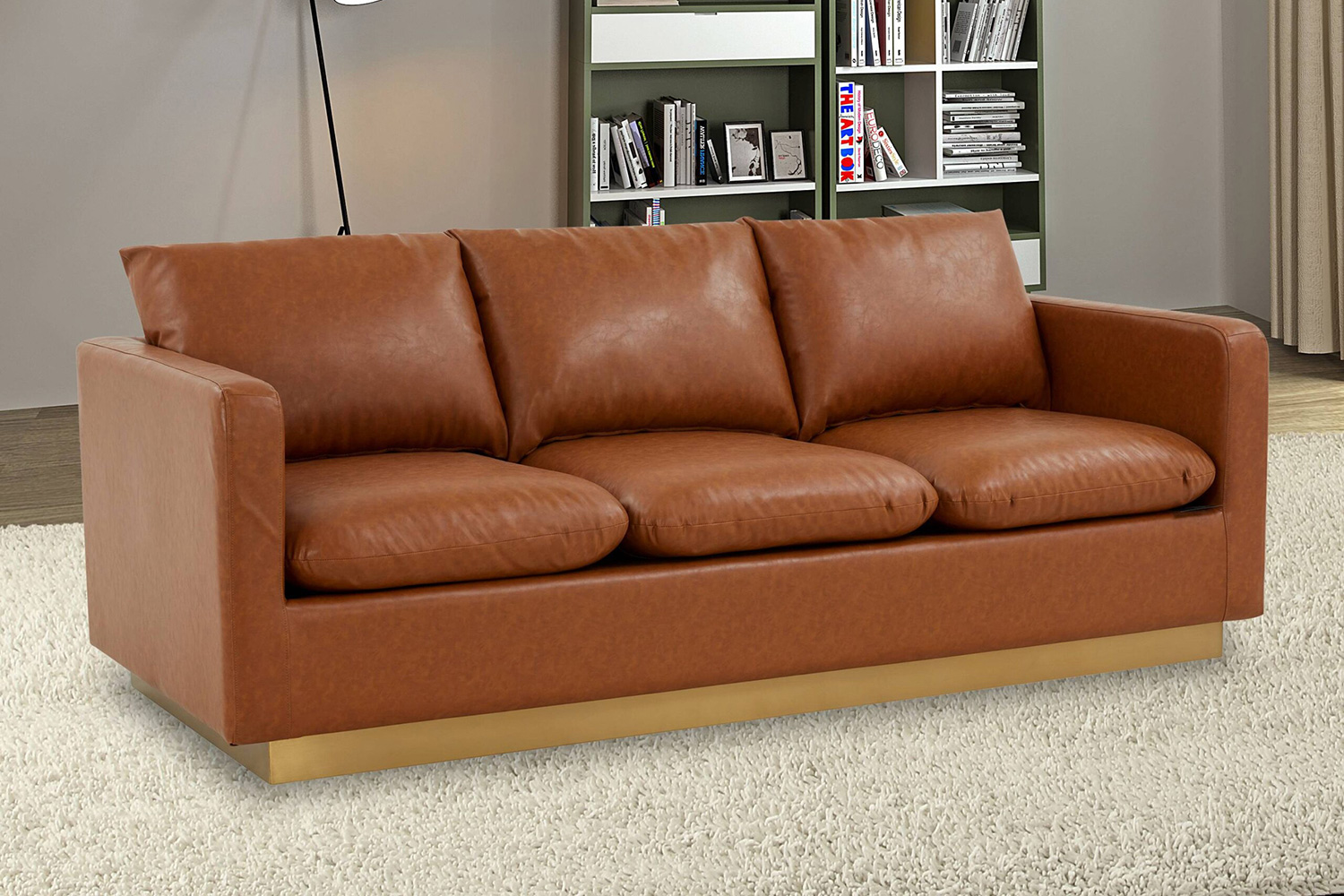 LeisureMod Nervo Modern Mid-Century Upholstered Leather Sofa with Gold Base - Cognac/Tan