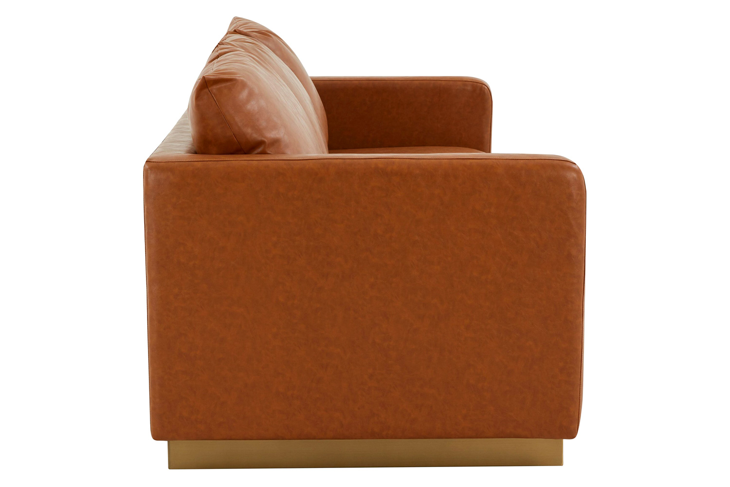 LeisureMod Nervo Modern Mid-Century Upholstered Leather Sofa with Gold Base - Cognac/Tan