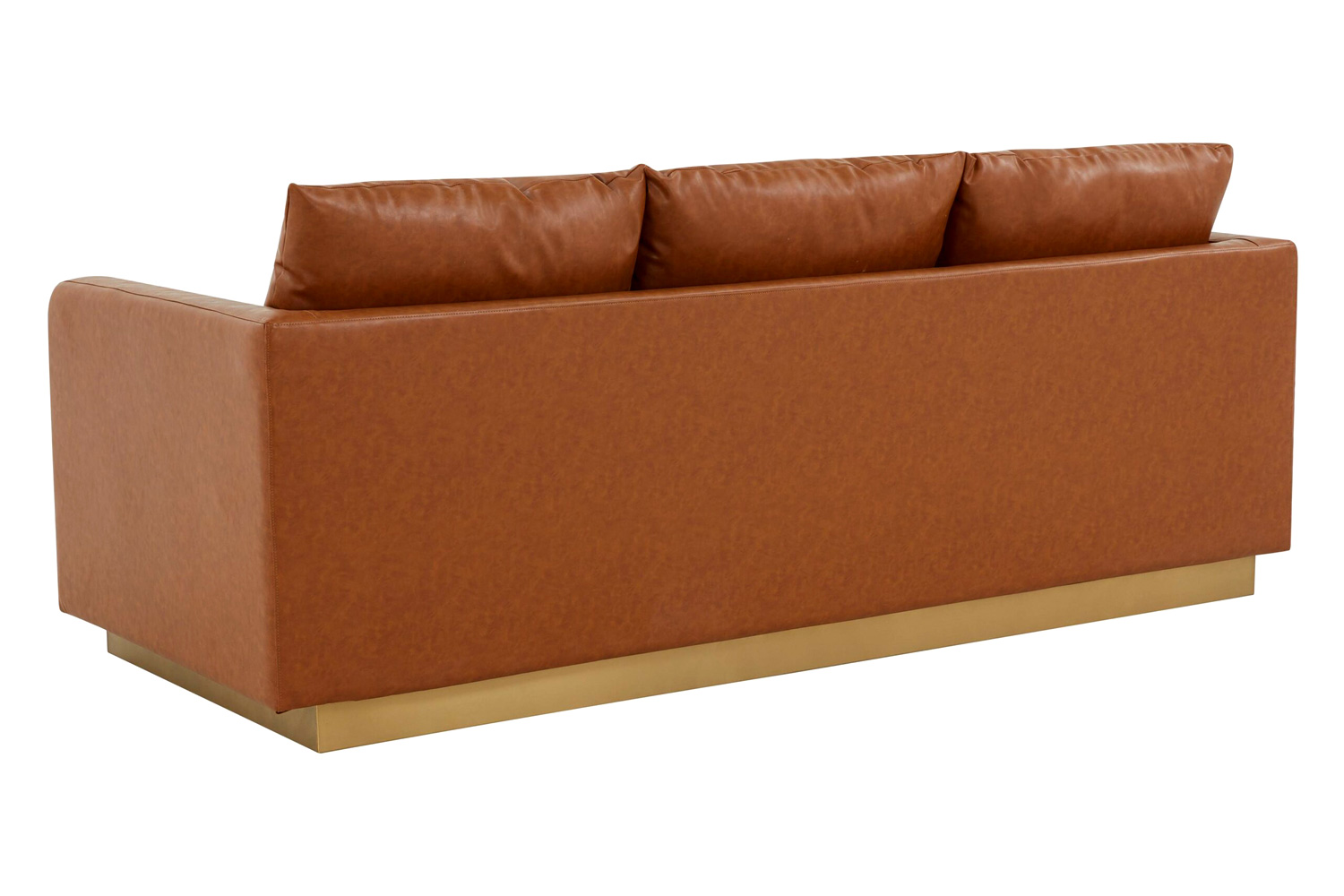 LeisureMod Nervo Modern Mid-Century Upholstered Leather Sofa with Gold Base - Cognac/Tan