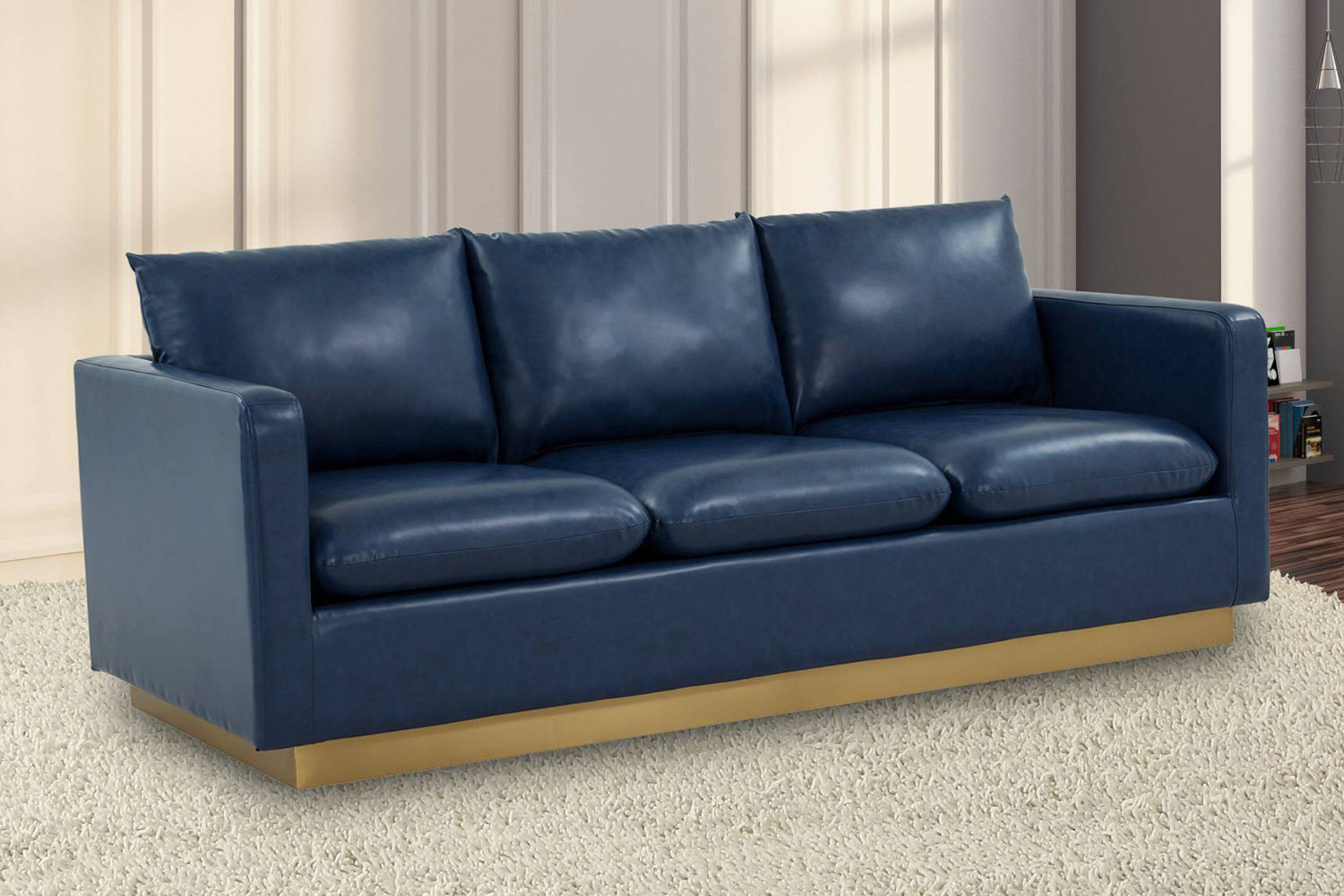 LeisureMod Nervo Modern Mid-Century Upholstered Leather Sofa with Gold Base