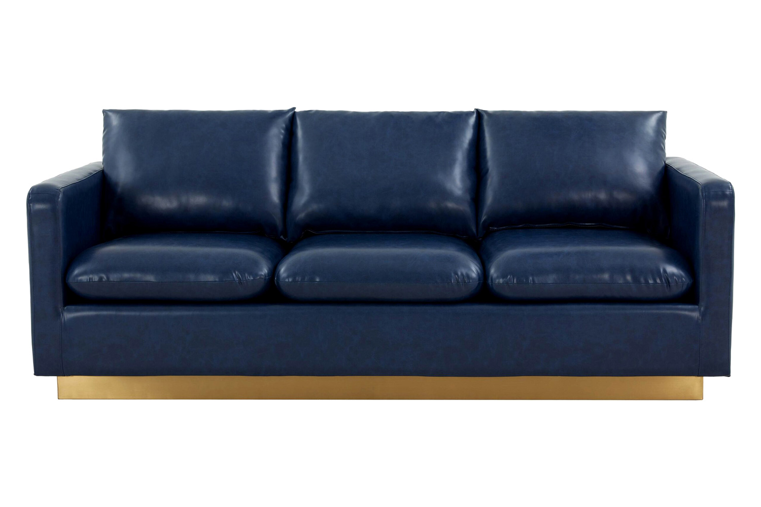 LeisureMod Nervo Modern Mid-Century Upholstered Leather Sofa with Gold Base - Navy Blue