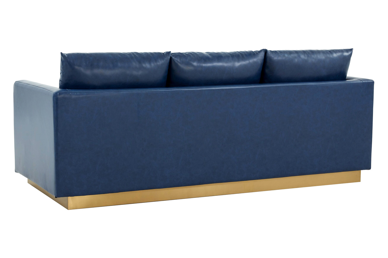 LeisureMod Nervo Modern Mid-Century Upholstered Leather Sofa with Gold Base - Navy Blue