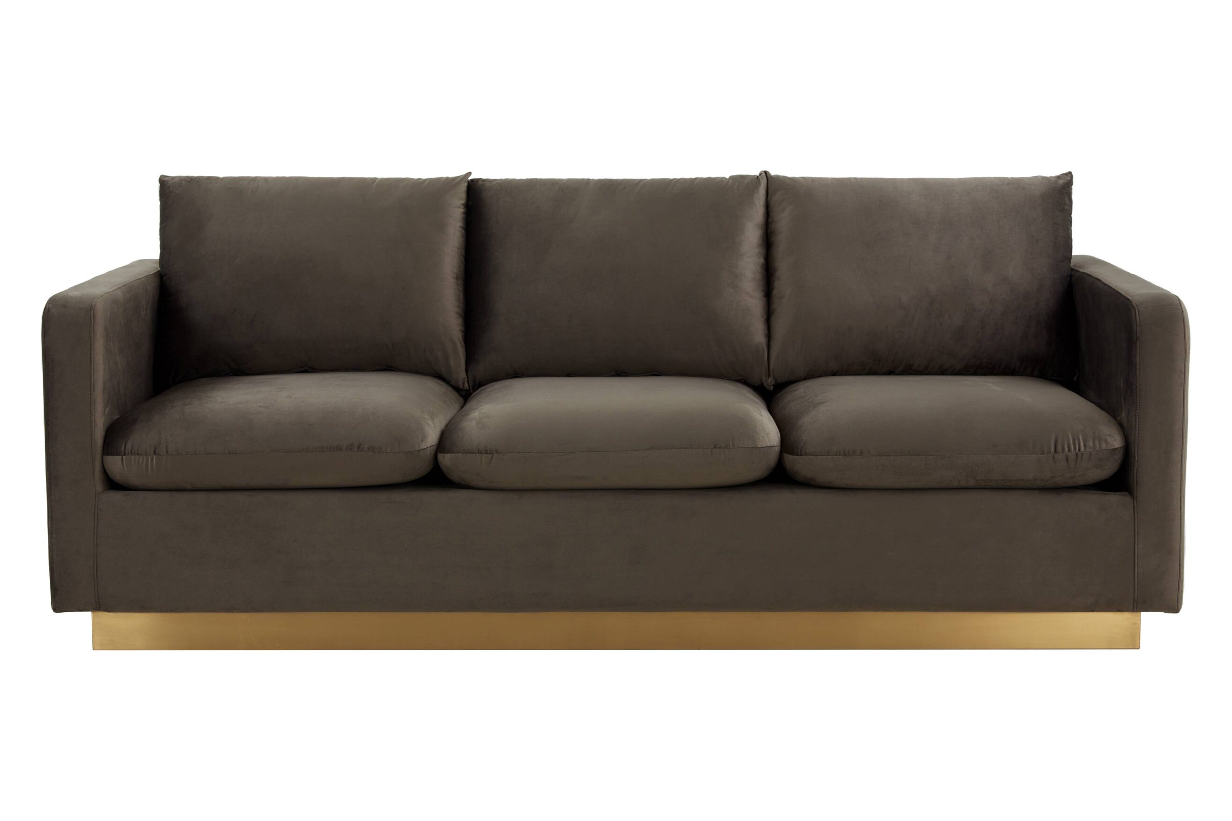 LeisureMod Nervo Modern Mid-Century Upholstered Velvet Sofa with Gold Base - Dark Gray