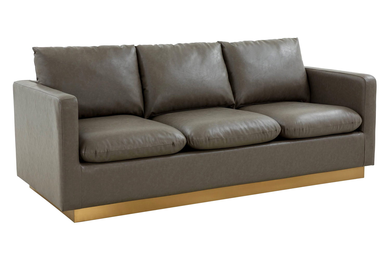 LeisureMod Nervo Modern Mid-Century Upholstered Leather Sofa with Gold Base