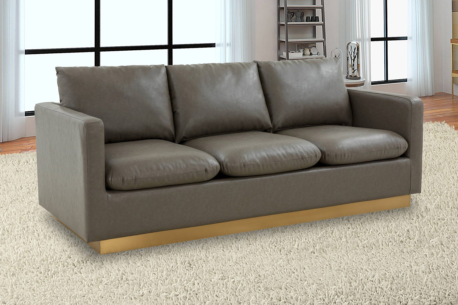 LeisureMod Nervo Modern Mid-Century Upholstered Leather Sofa with Gold Base - Gray