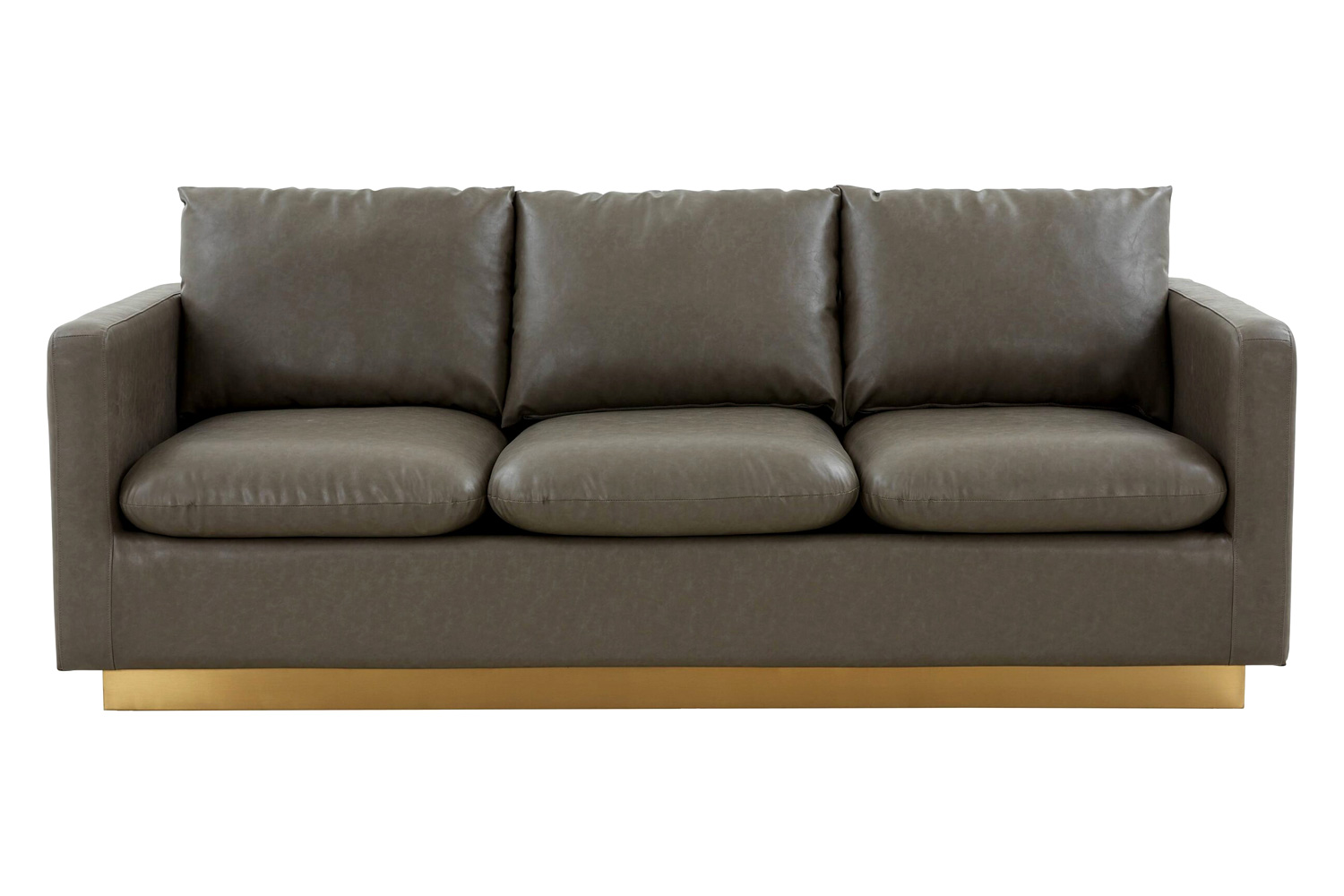 LeisureMod Nervo Modern Mid-Century Upholstered Leather Sofa with Gold Base - Gray