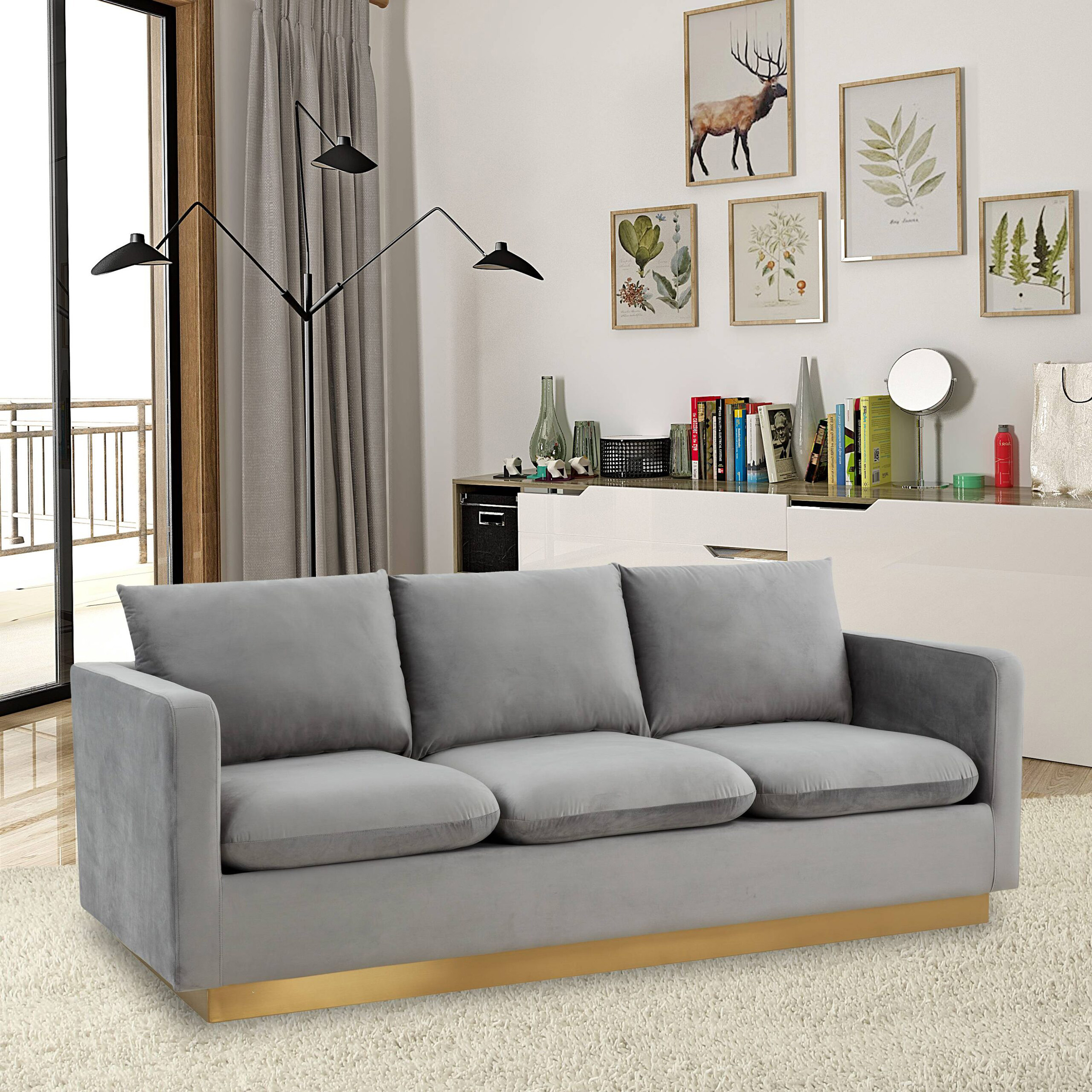 LeisureMod Nervo Modern Mid-Century Upholstered Velvet Sofa with Gold Base - Light Gray