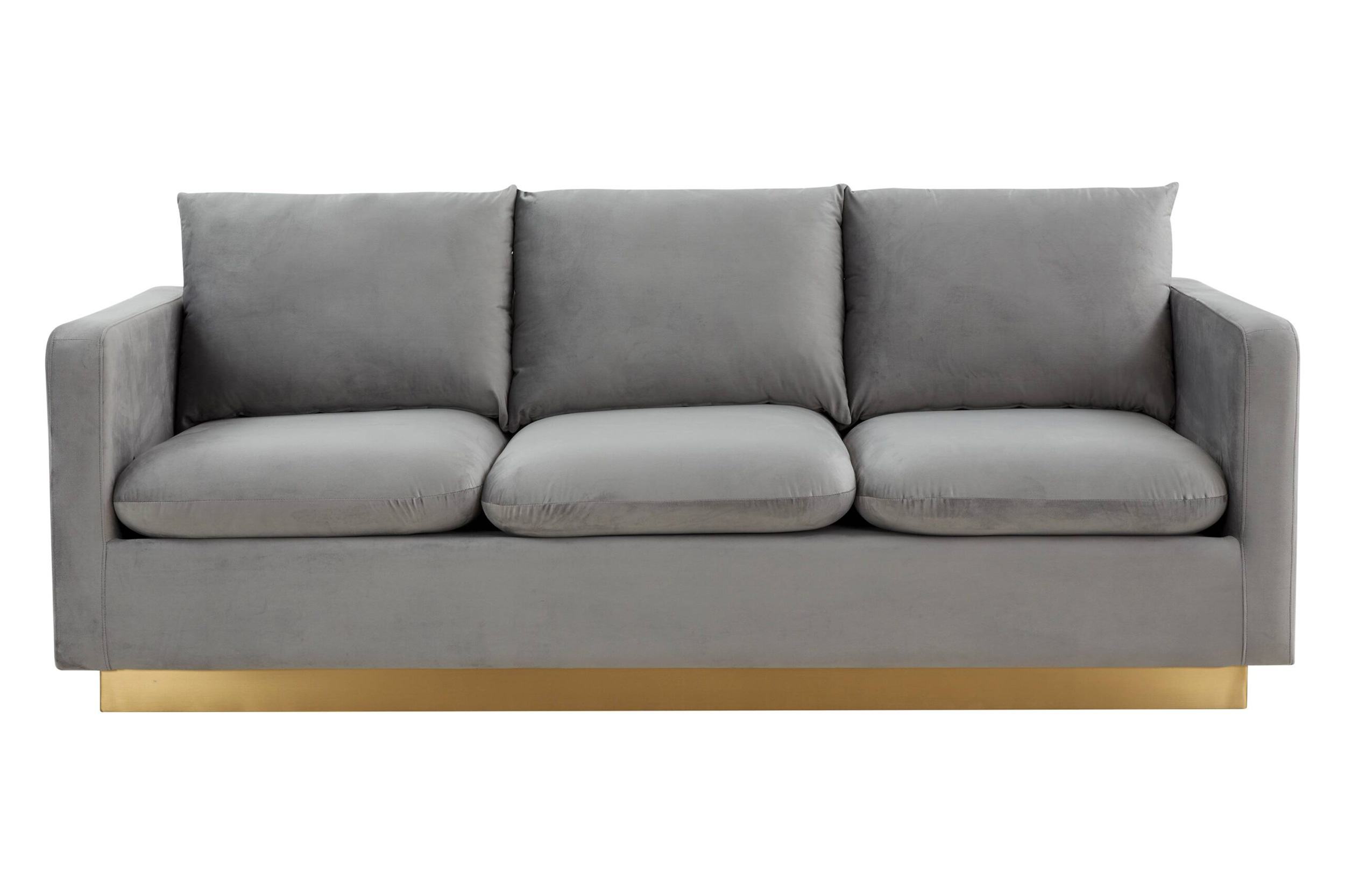 LeisureMod Nervo Modern Mid-Century Upholstered Velvet Sofa with Gold Base - Light Gray