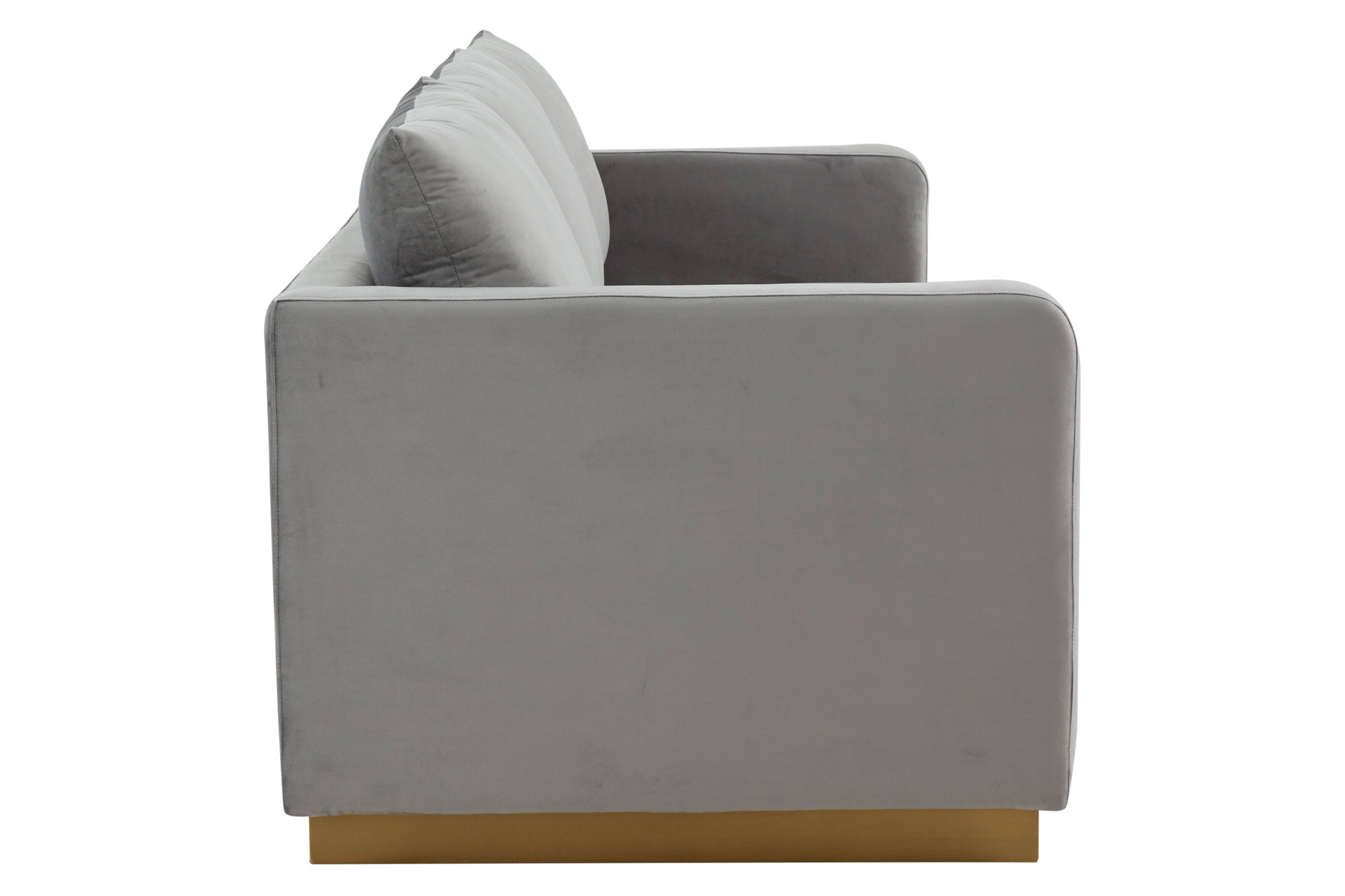 LeisureMod Nervo Modern Mid-Century Upholstered Velvet Sofa with Gold Base - Light Gray