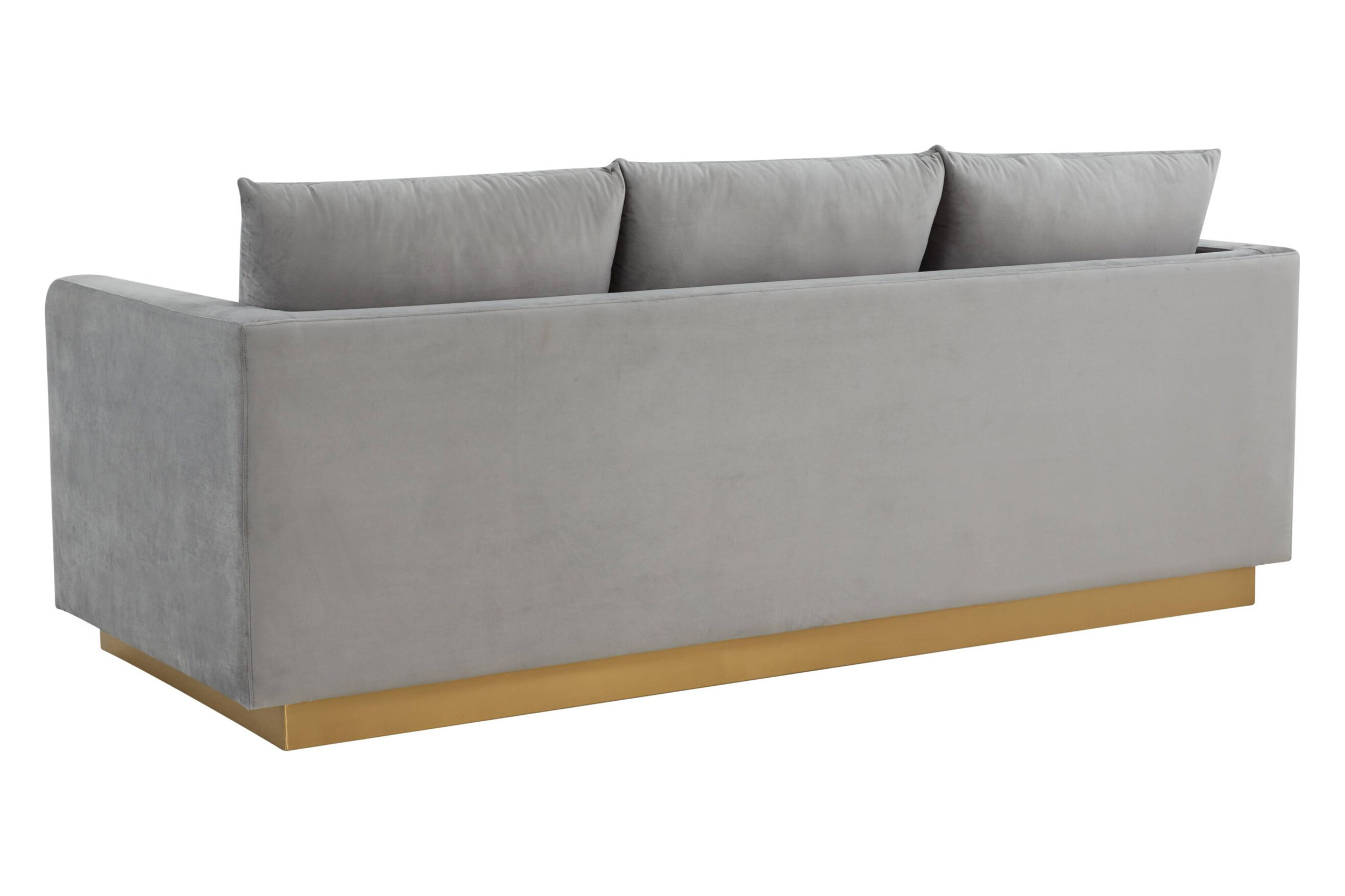 LeisureMod Nervo Modern Mid-Century Upholstered Velvet Sofa with Gold Base - Light Gray