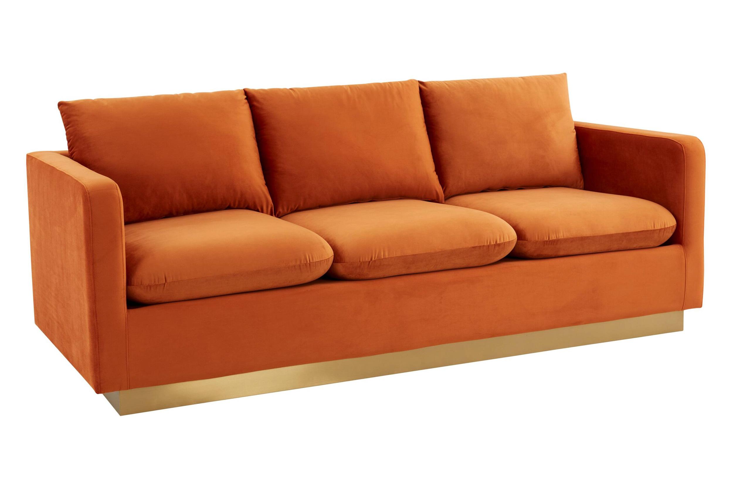 LeisureMod Nervo Modern Mid-Century Upholstered Velvet Sofa with Gold Base