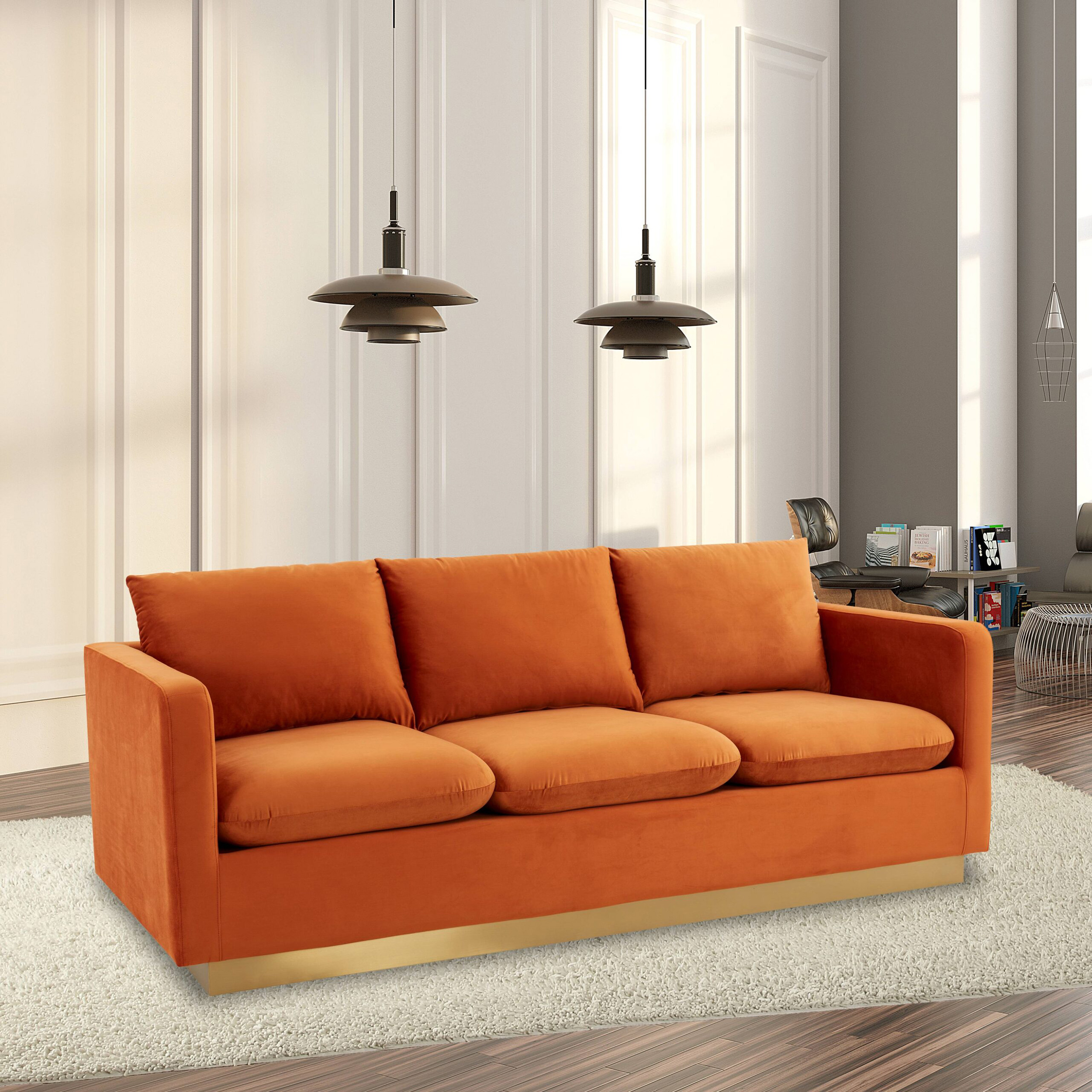 LeisureMod Nervo Modern Mid-Century Upholstered Velvet Sofa with Gold Base - Orange Marmalade