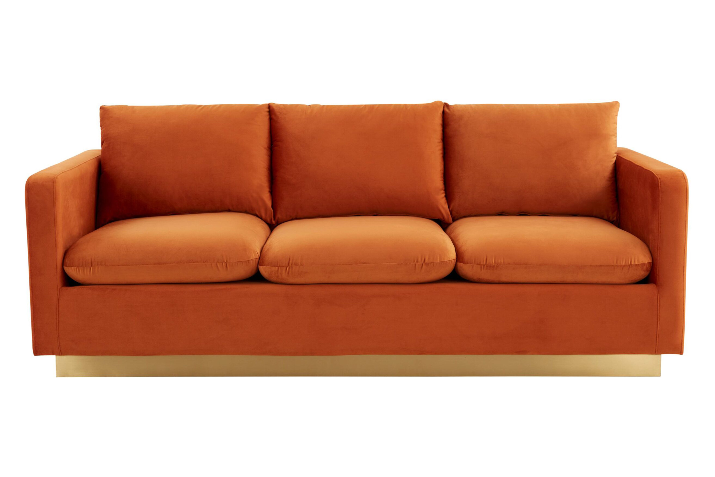 LeisureMod Nervo Modern Mid-Century Upholstered Velvet Sofa with Gold Base - Orange Marmalade