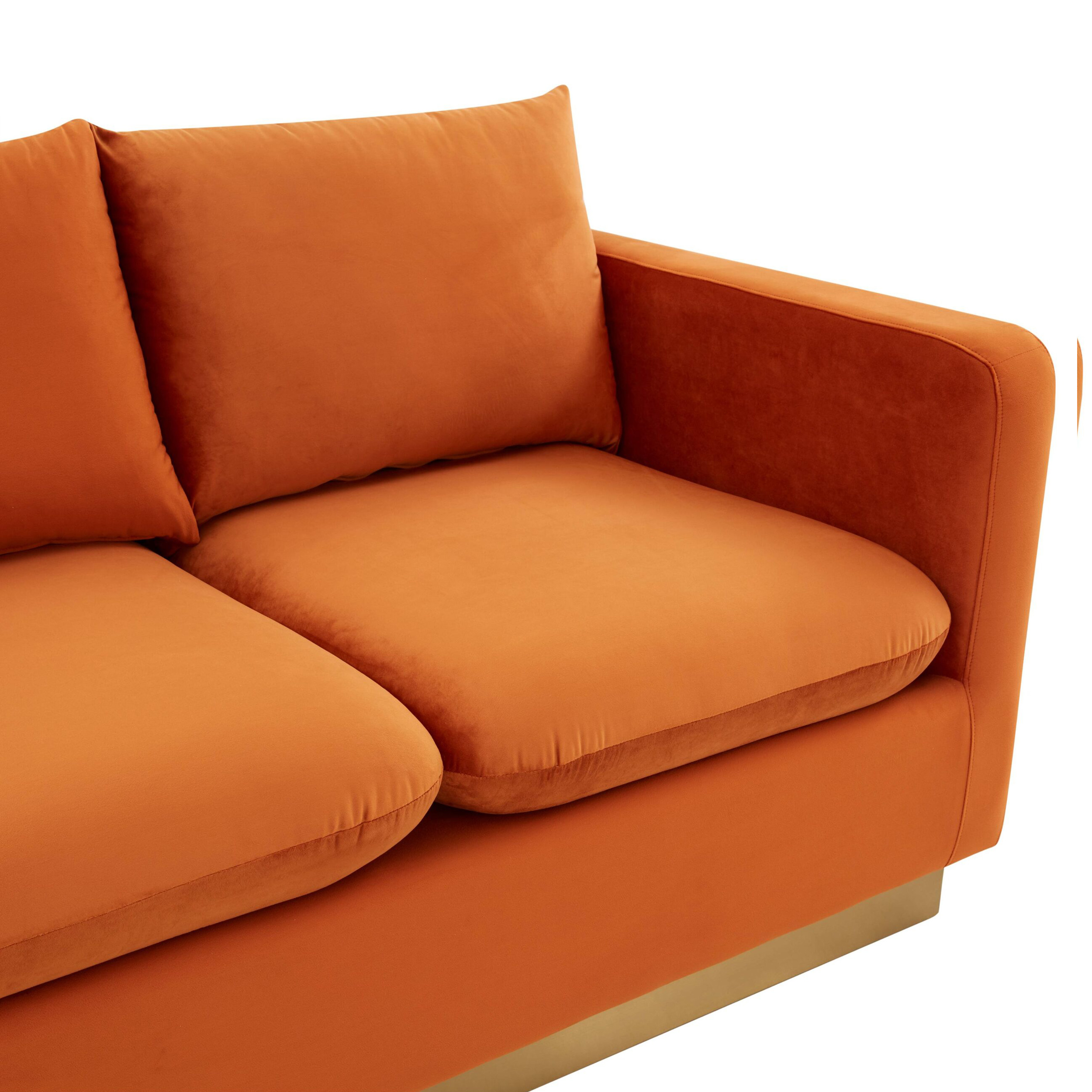 LeisureMod Nervo Modern Mid-Century Upholstered Velvet Sofa with Gold Base - Orange Marmalade