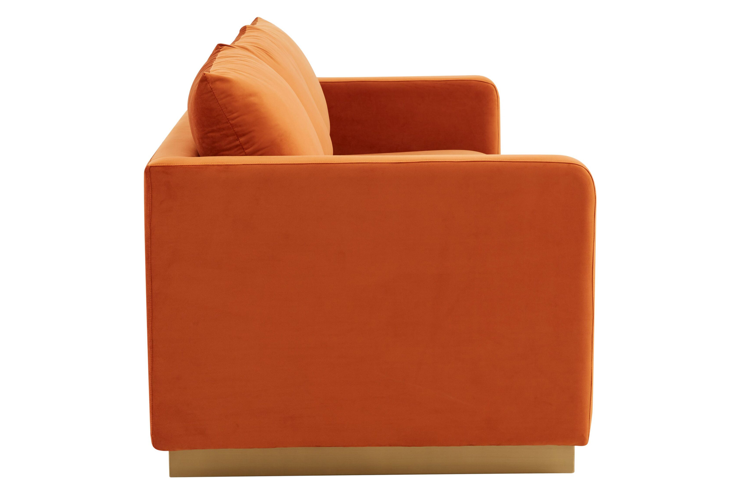 LeisureMod Nervo Modern Mid-Century Upholstered Velvet Sofa with Gold Base - Orange Marmalade