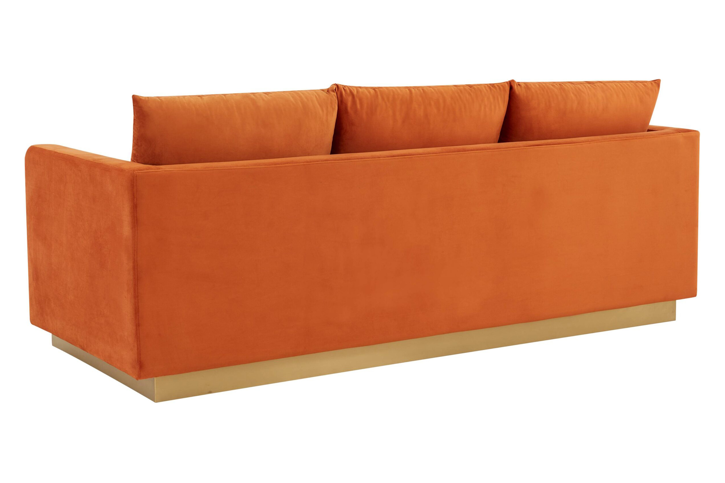 LeisureMod Nervo Modern Mid-Century Upholstered Velvet Sofa with Gold Base - Orange Marmalade