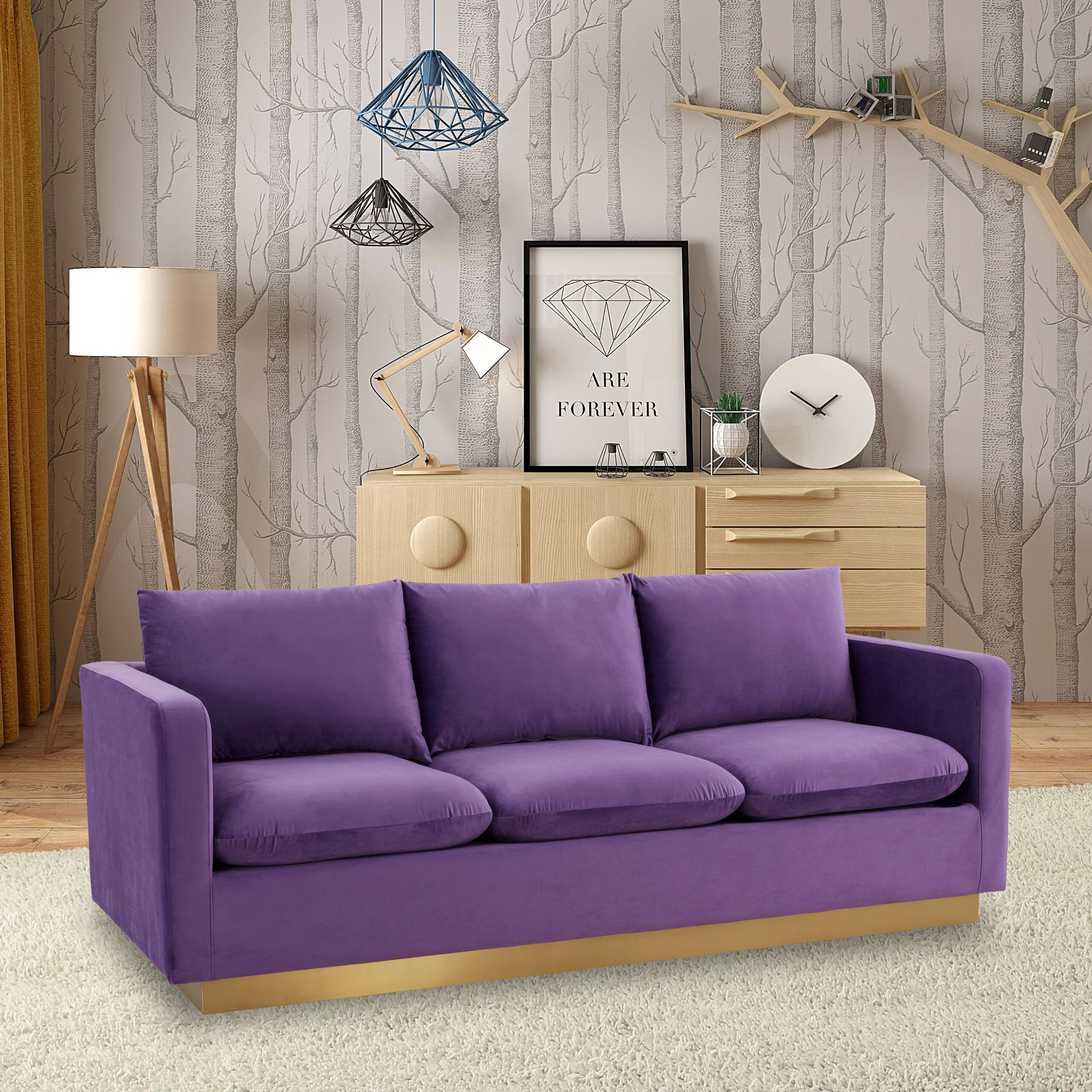 LeisureMod Nervo Modern Mid-Century Upholstered Velvet Sofa with Gold Base - Purple