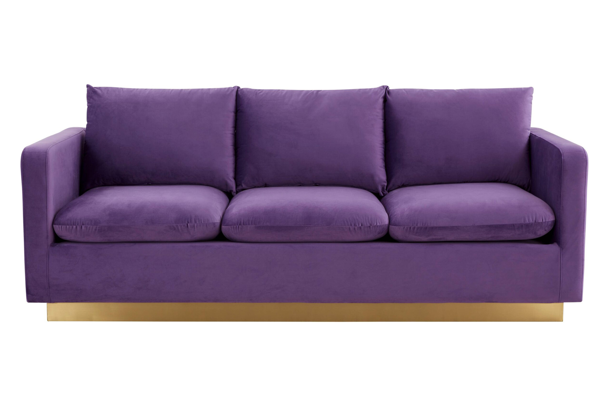 LeisureMod Nervo Modern Mid-Century Upholstered Velvet Sofa with Gold Base - Purple