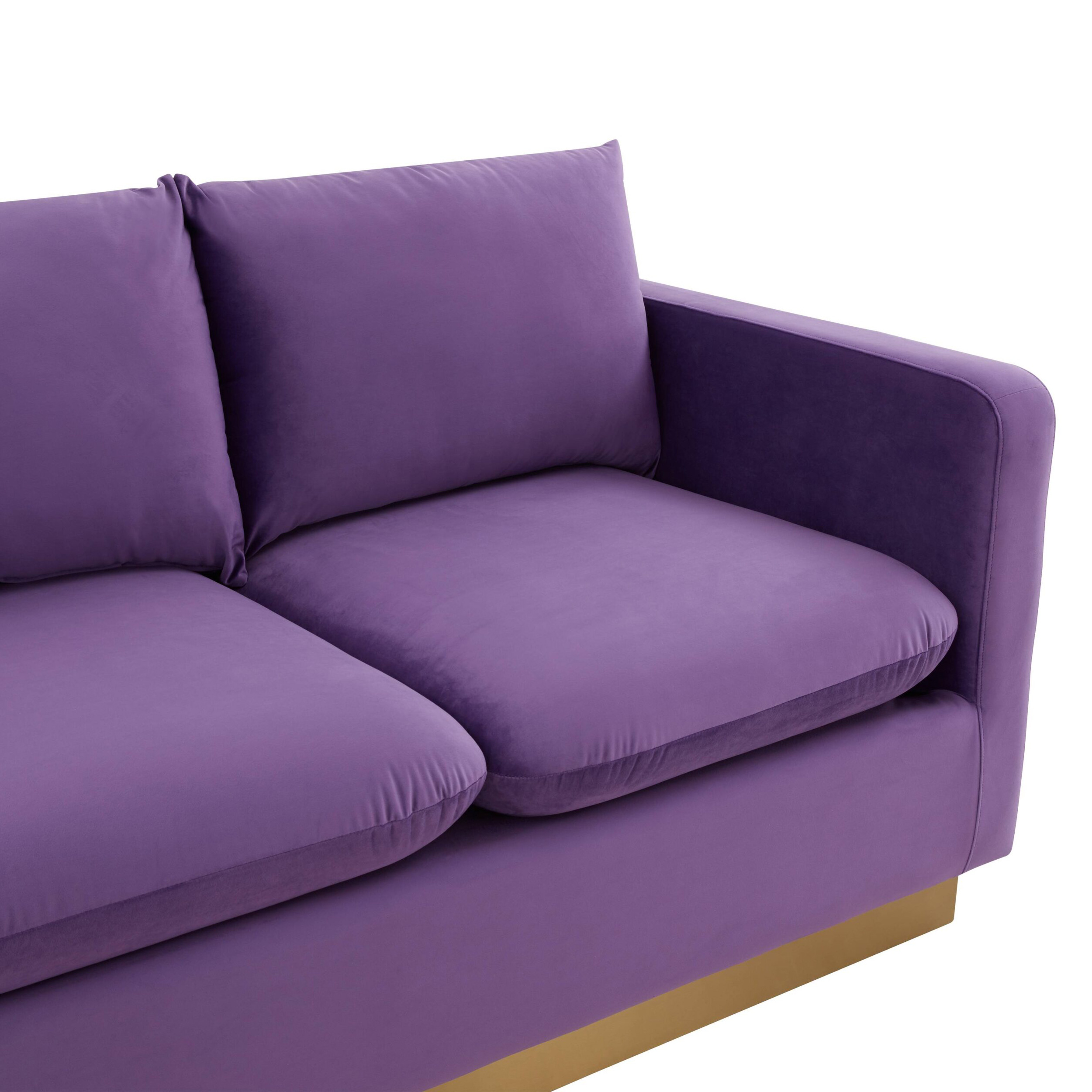 LeisureMod Nervo Modern Mid-Century Upholstered Velvet Sofa with Gold Base - Purple