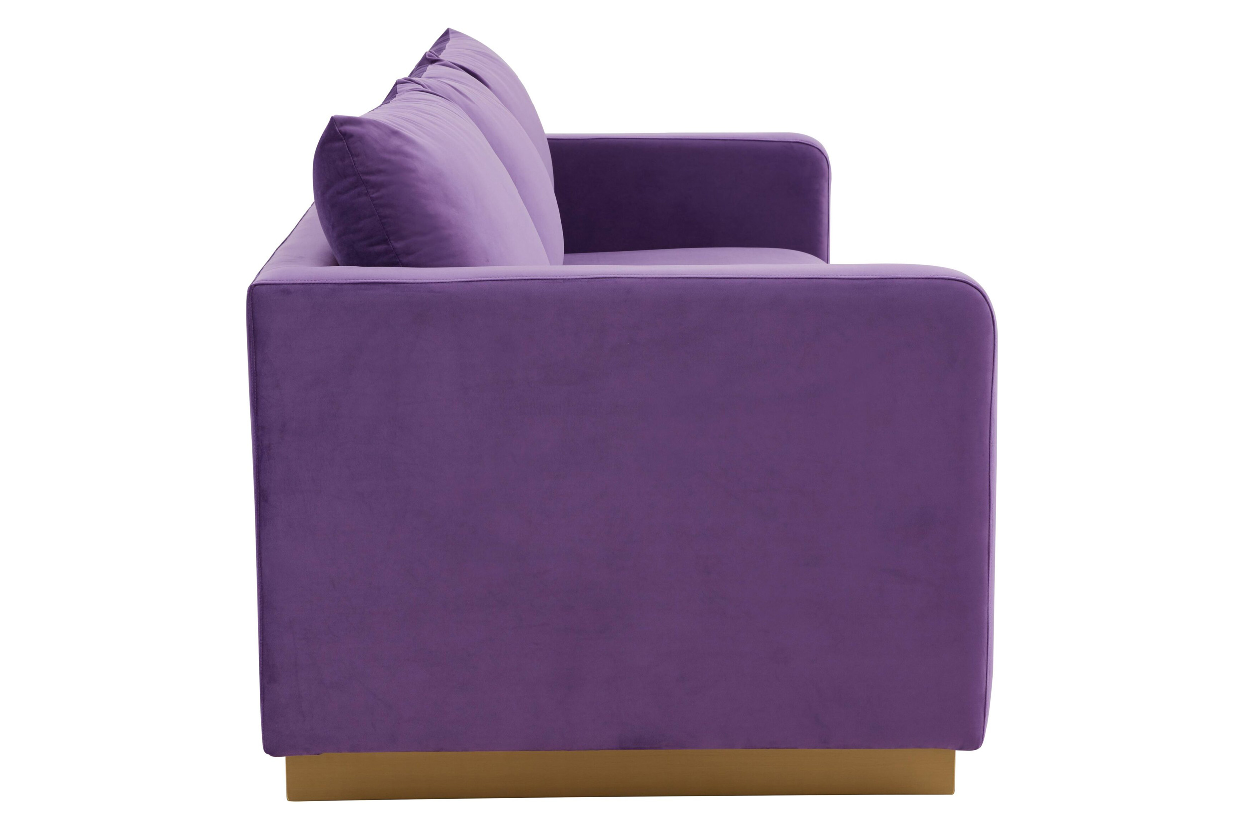 LeisureMod Nervo Modern Mid-Century Upholstered Velvet Sofa with Gold Base - Purple