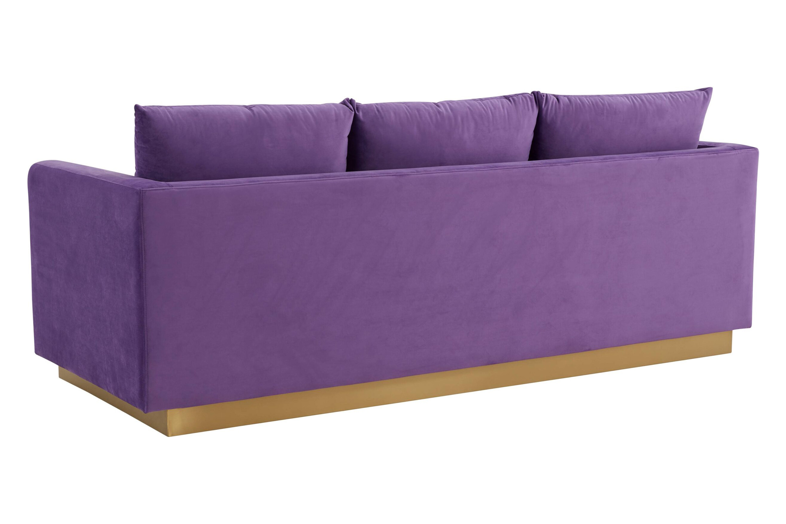 LeisureMod Nervo Modern Mid-Century Upholstered Velvet Sofa with Gold Base - Purple