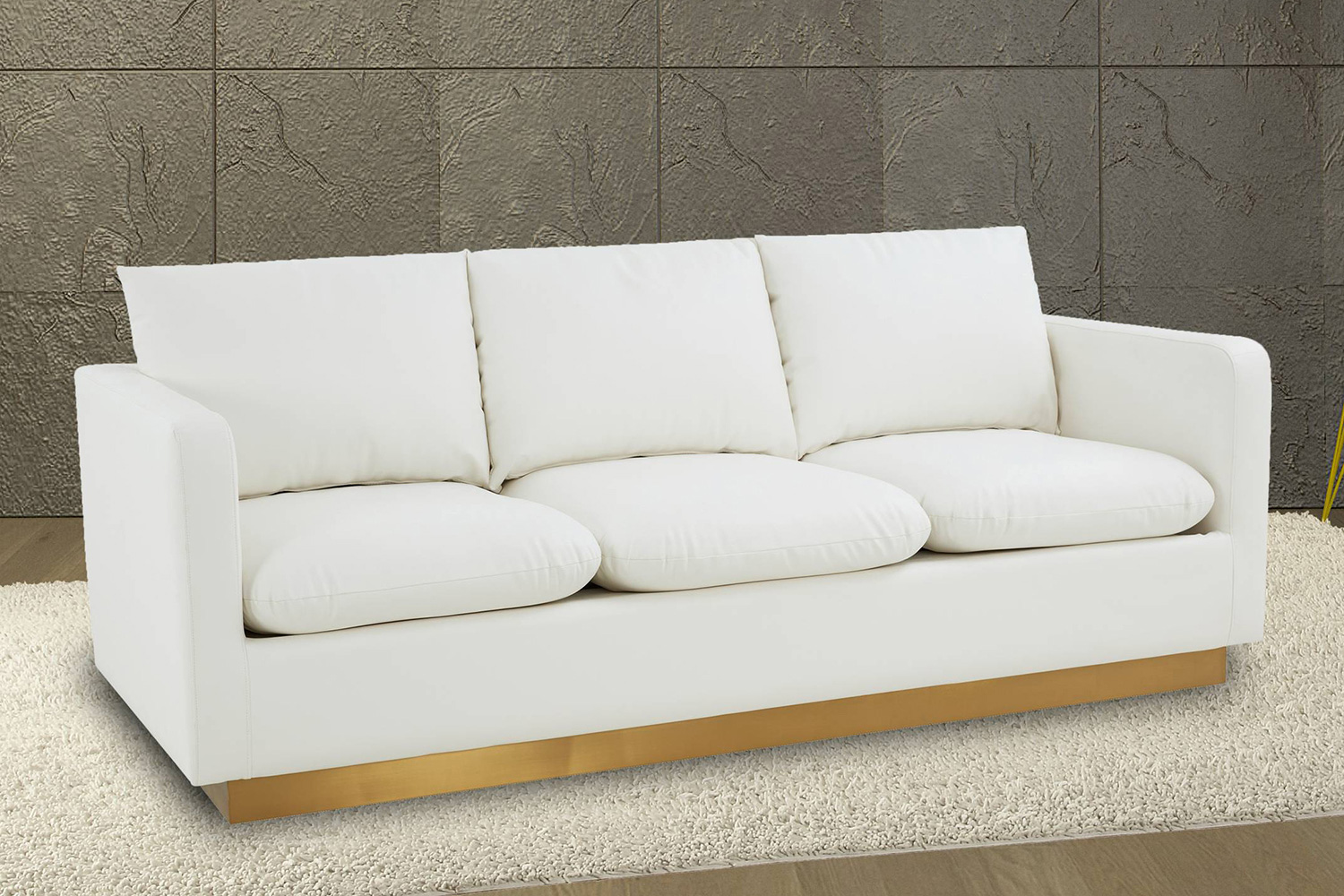 LeisureMod™ Nervo Modern Mid-Century Upholstered Leather Sofa with Gold Base - White