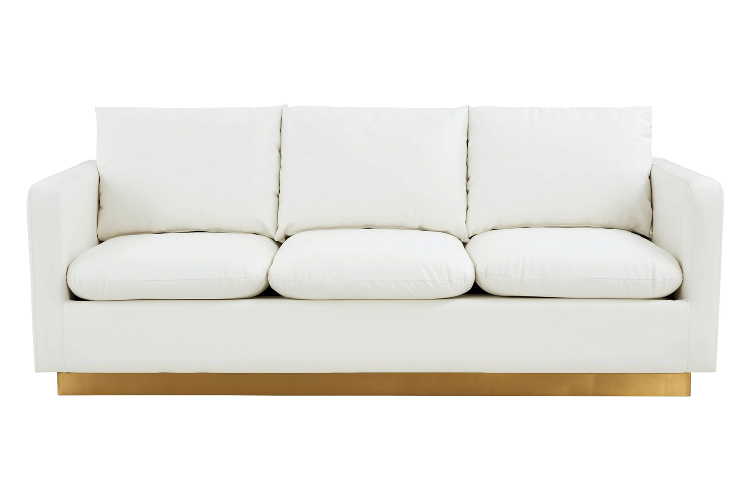 LeisureMod™ Nervo Modern Mid-Century Upholstered Leather Sofa with Gold Base - White