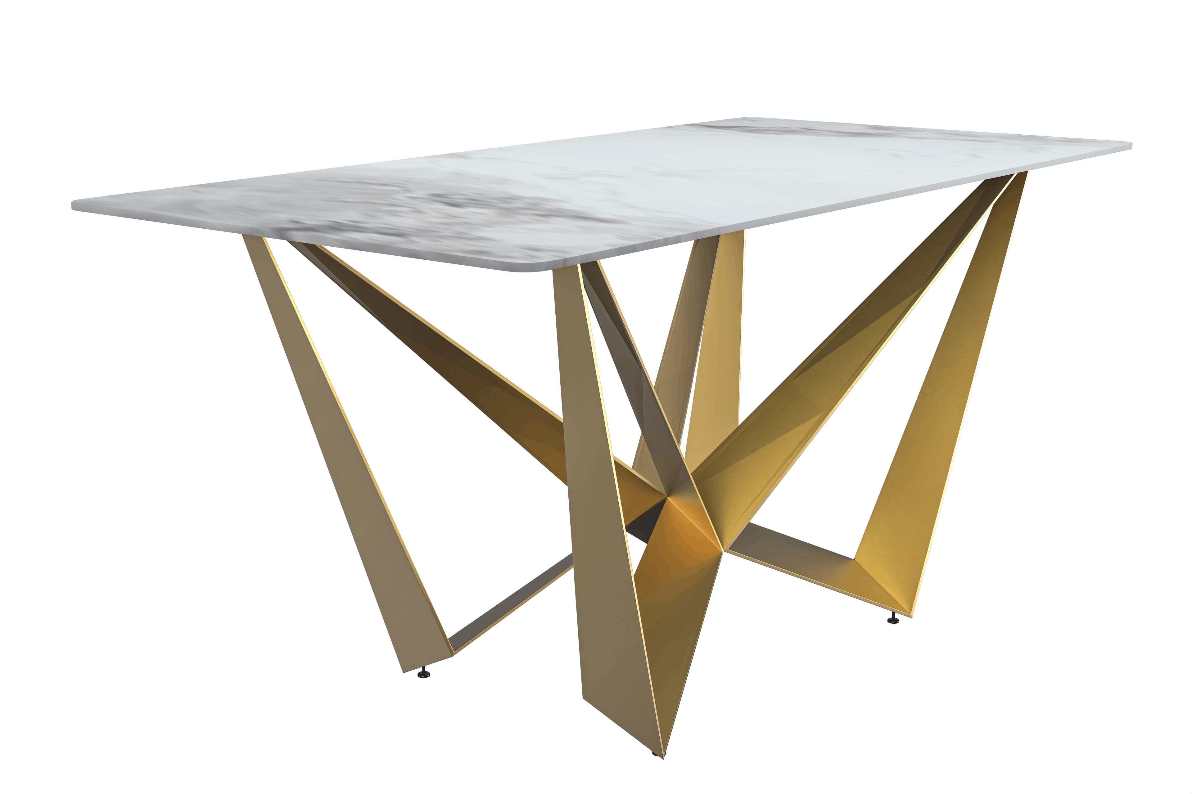 LeisureMod Nuvor Modern Dining Table with Rectangular Top and Gold Steel Base