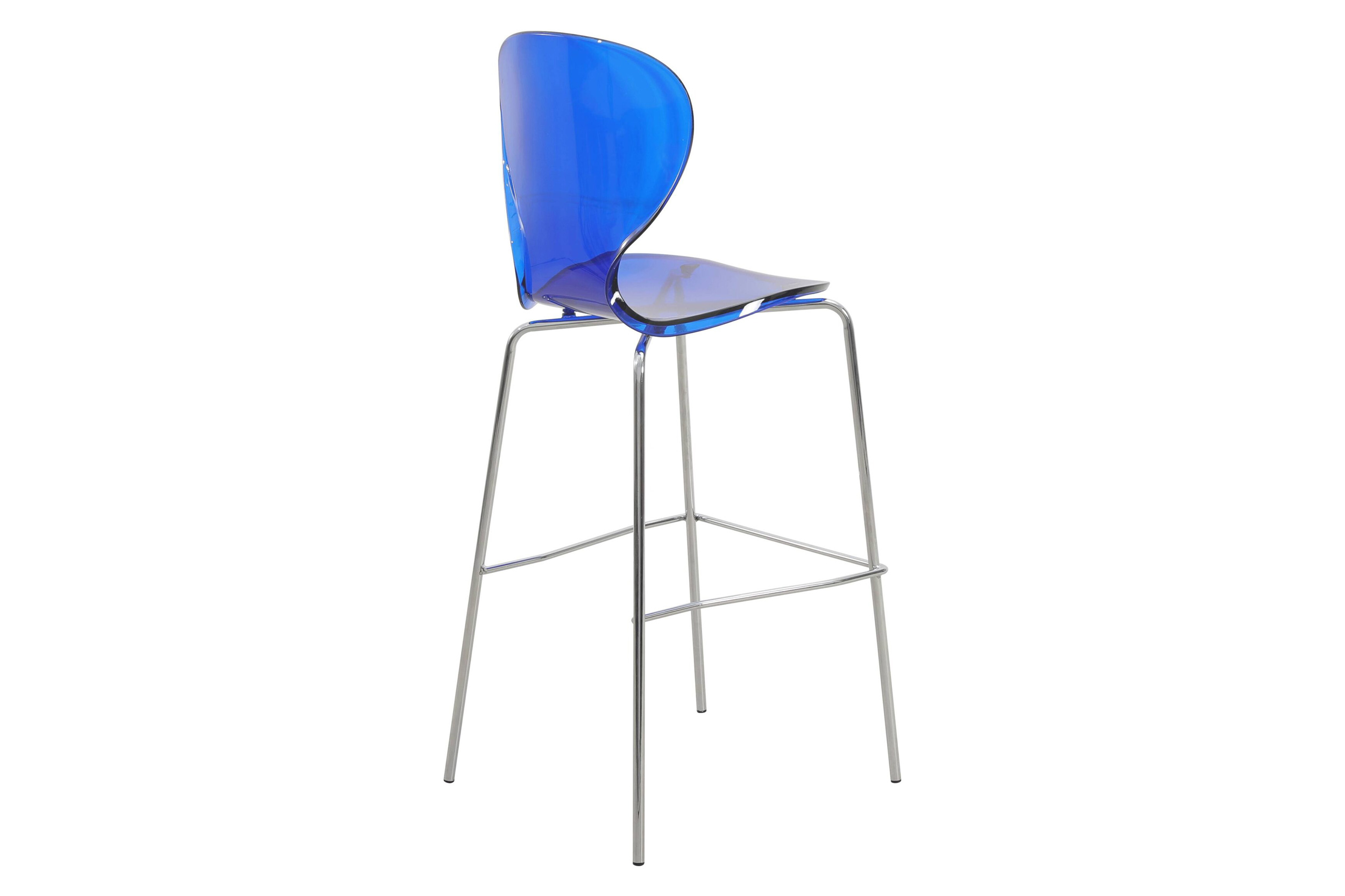 LeisureMod Oyster Mid-Century Modern Acrylic Barstool with Steel Frame in Chrome Finish - Transparent Blue