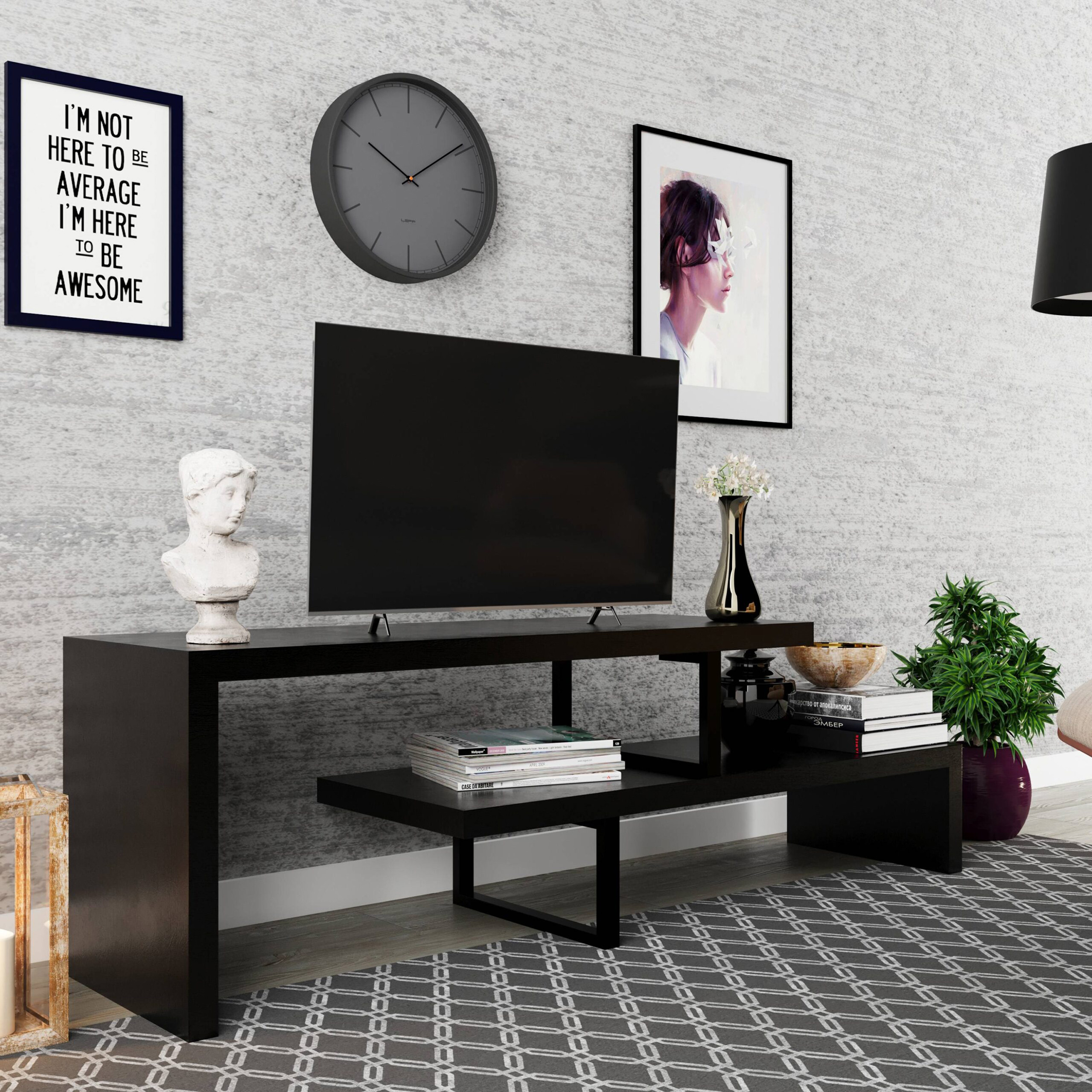 LeisureMod Orford Mid-Century Modern TV Stand with MDF Shelves and Powder Coated Iron Legs - Ebony