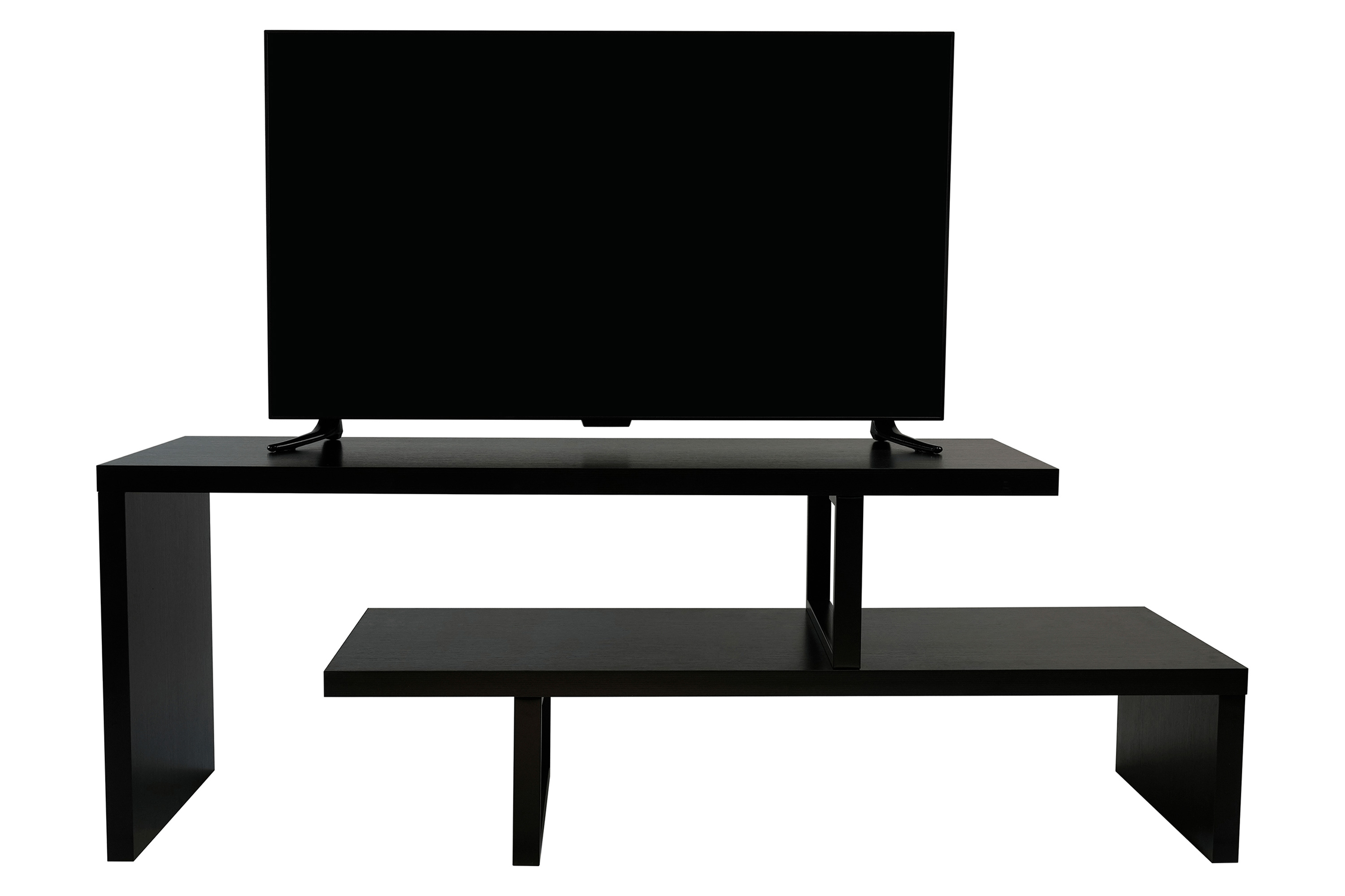 LeisureMod Orford Mid-Century Modern TV Stand with MDF Shelves and Powder Coated Iron Legs - Ebony