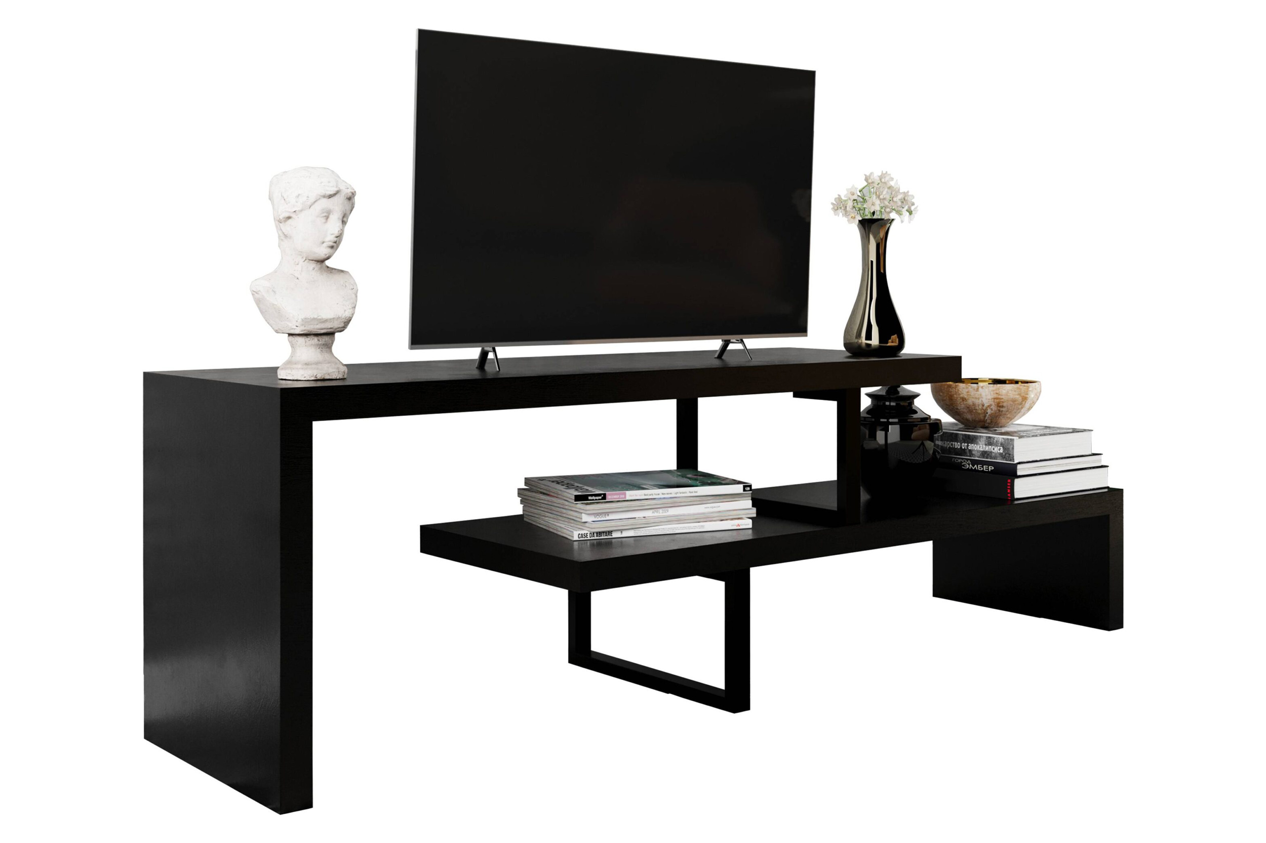 LeisureMod Orford Mid-Century Modern TV Stand with MDF Shelves and Powder Coated Iron Legs - Ebony